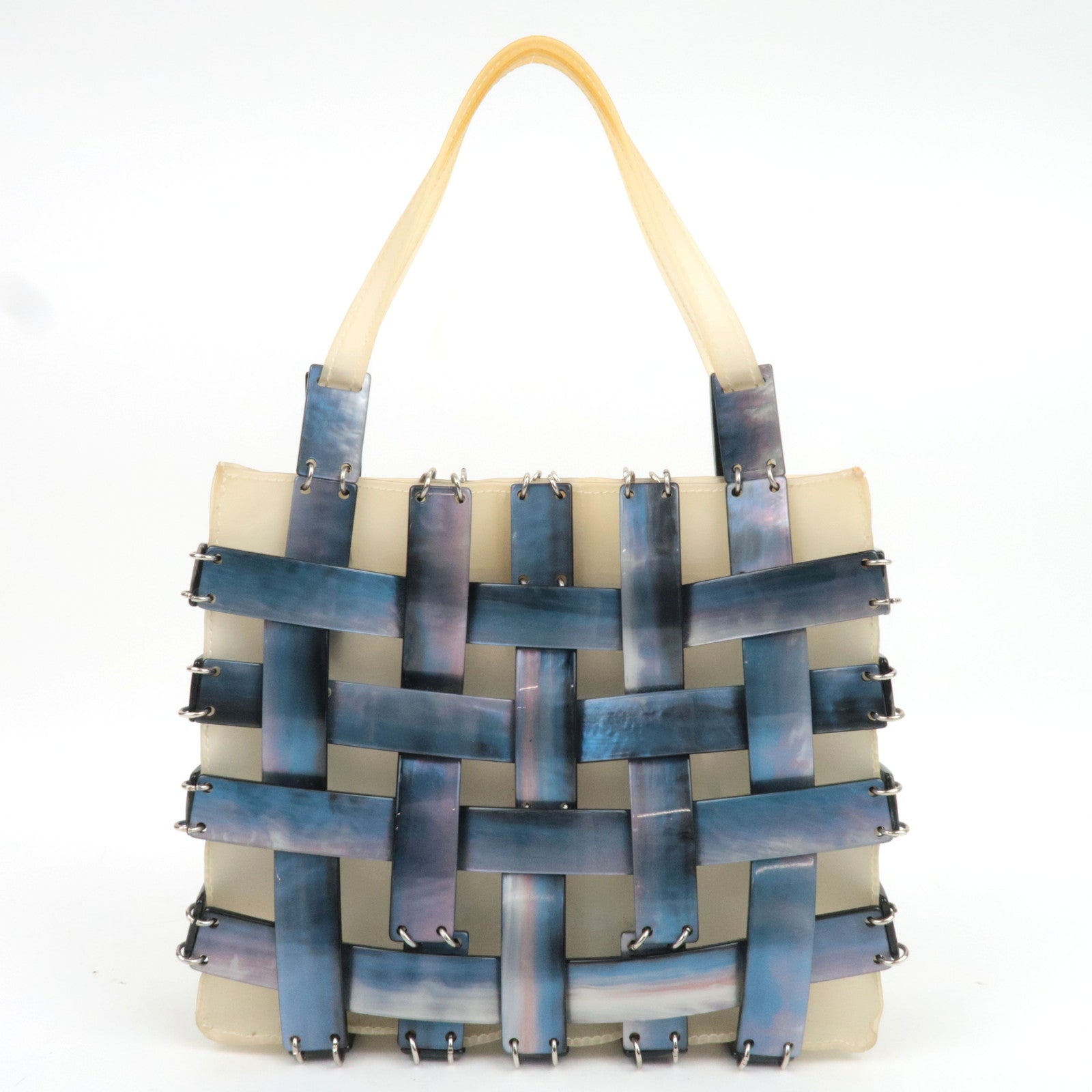 BOTTEGA VENETA Shell Plate Vinyl Handbag Navy Ivory