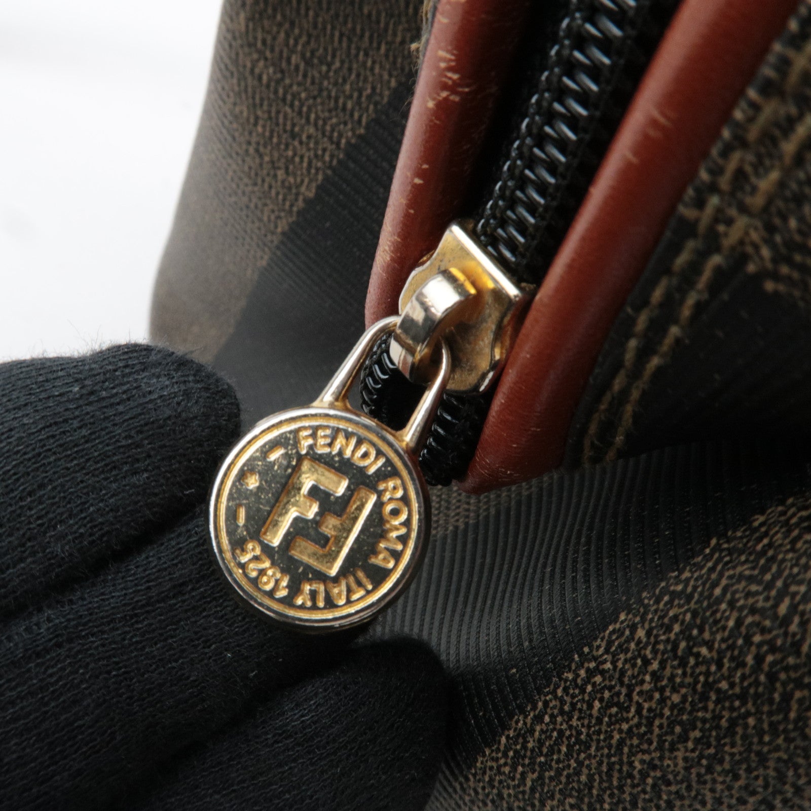 FENDI Pequin 2Way PVC Leather Handbag Khaki Black 44980