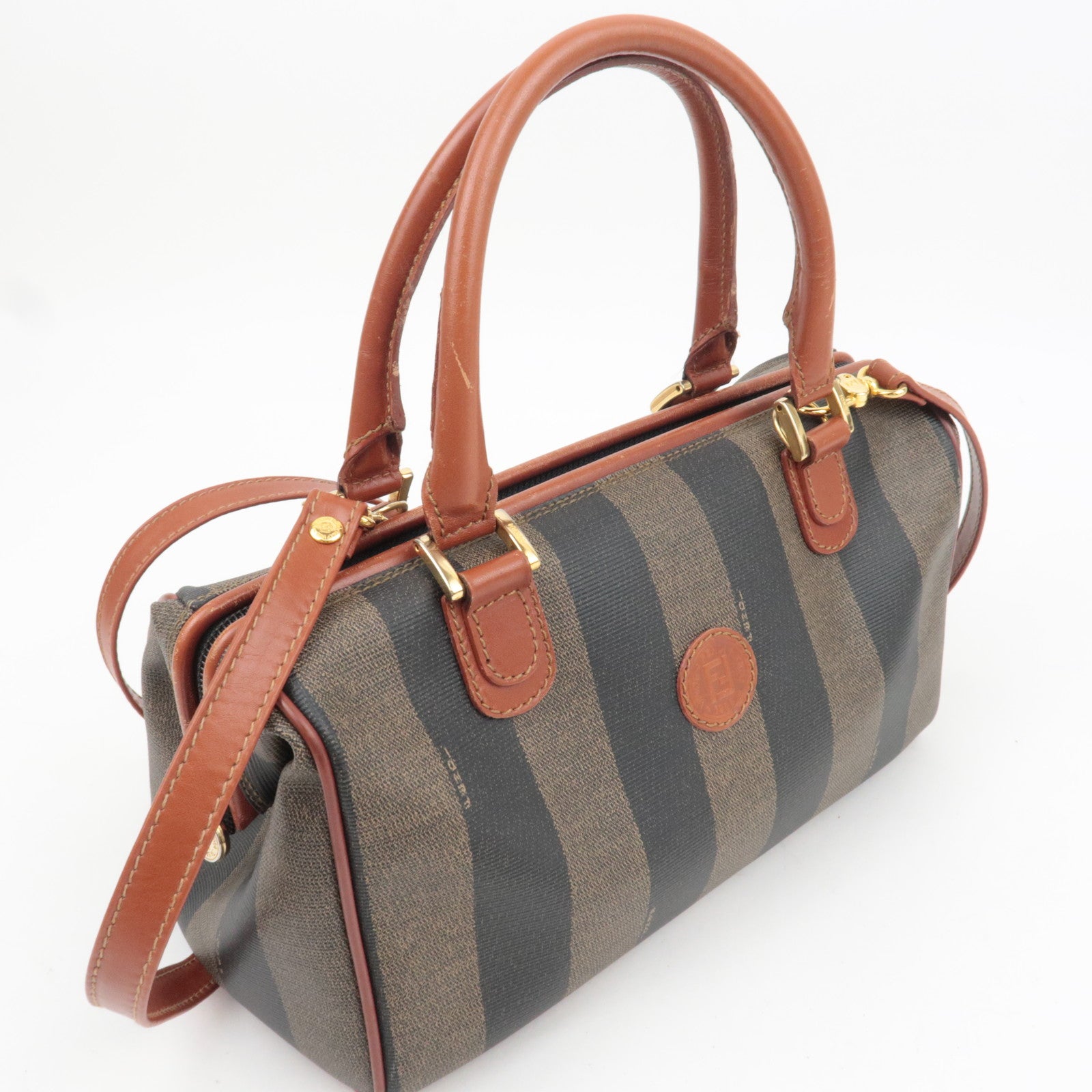 FENDI Pequin 2Way PVC Leather Handbag Khaki Black 44980