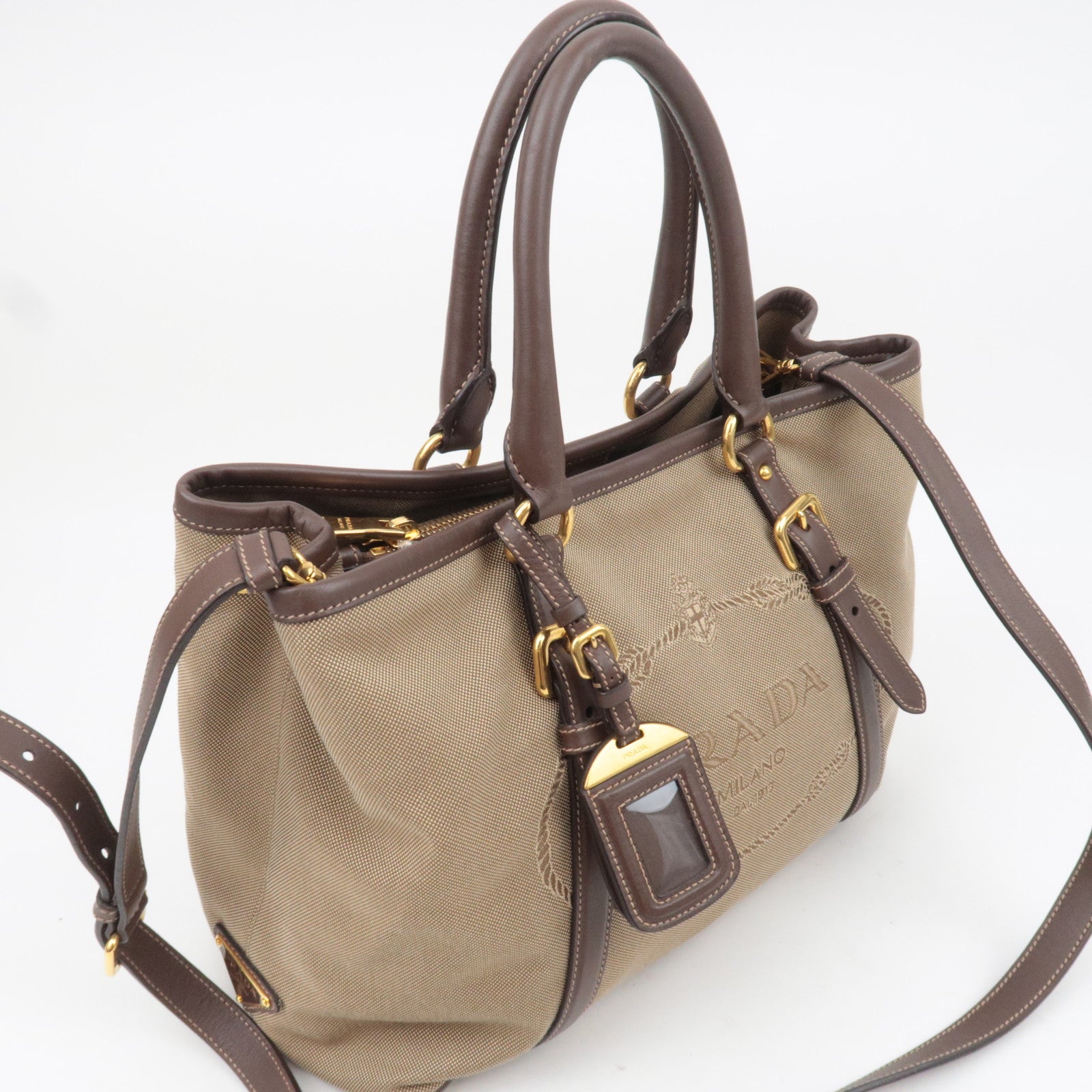 PRADA 2Way Logo Jacquard Tote Bag Khaki Brown