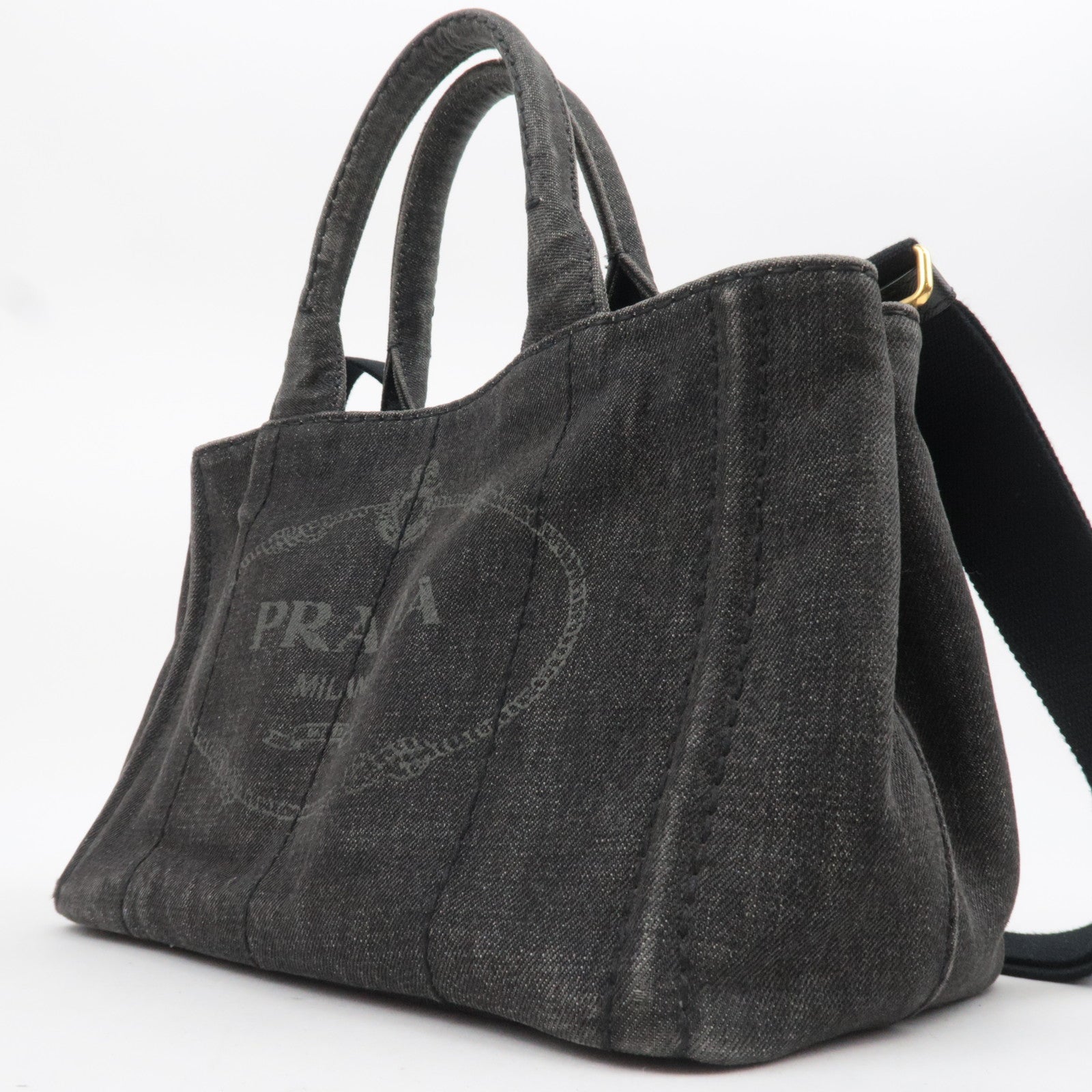 PRADA Canapa Mini 2Way Denim Tote Bag Black 1BG439