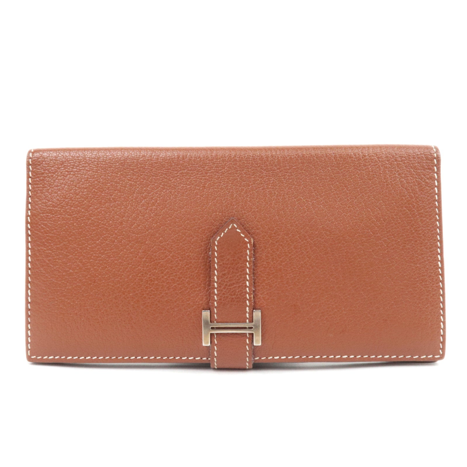 HERMES Bearn Classic Leather Long Wallet □I Stamp (2005) Brown Silver HDW88109