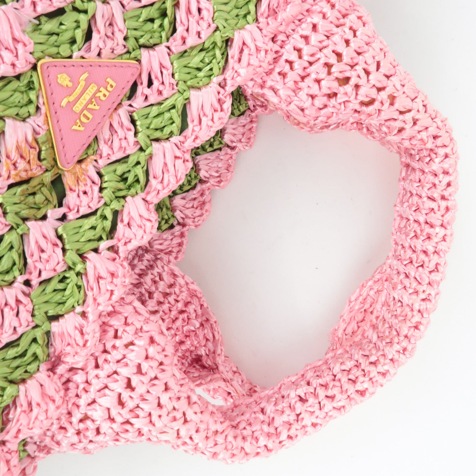 PRADA Canapa Raffia Crochet Tote Bag Pink Green BN2302