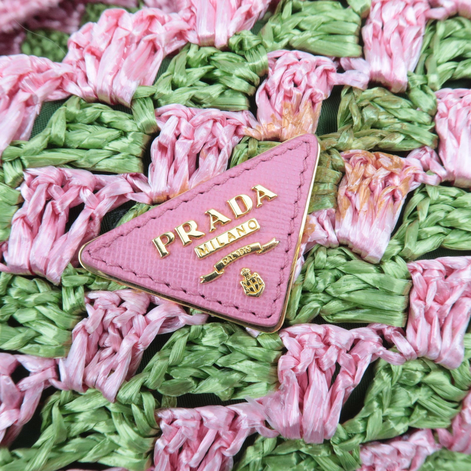PRADA Canapa Raffia Crochet Tote Bag Pink Green BN2302