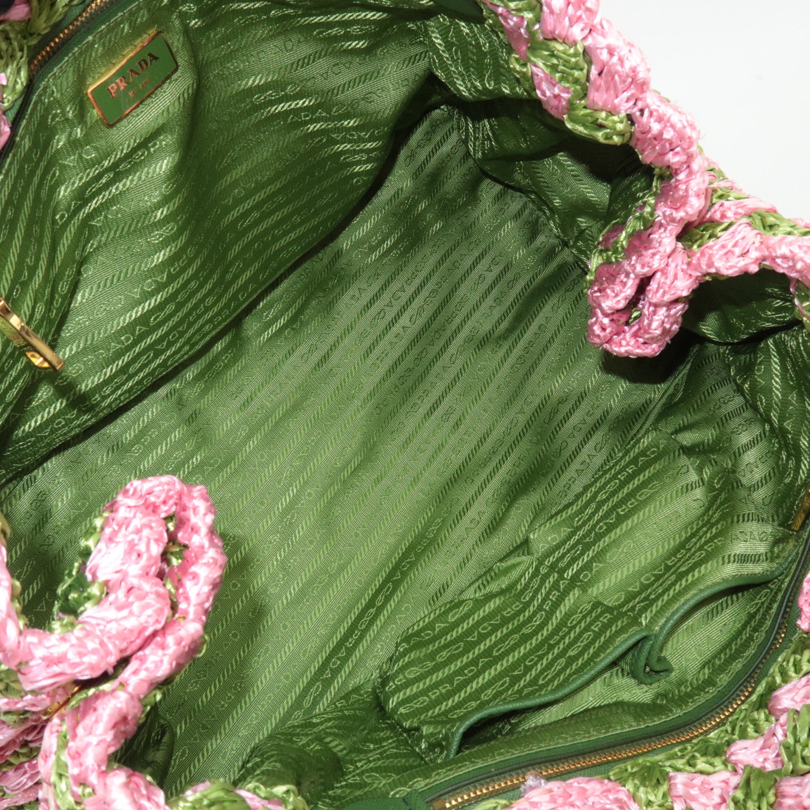 PRADA Canapa Raffia Crochet Tote Bag Pink Green BN2302