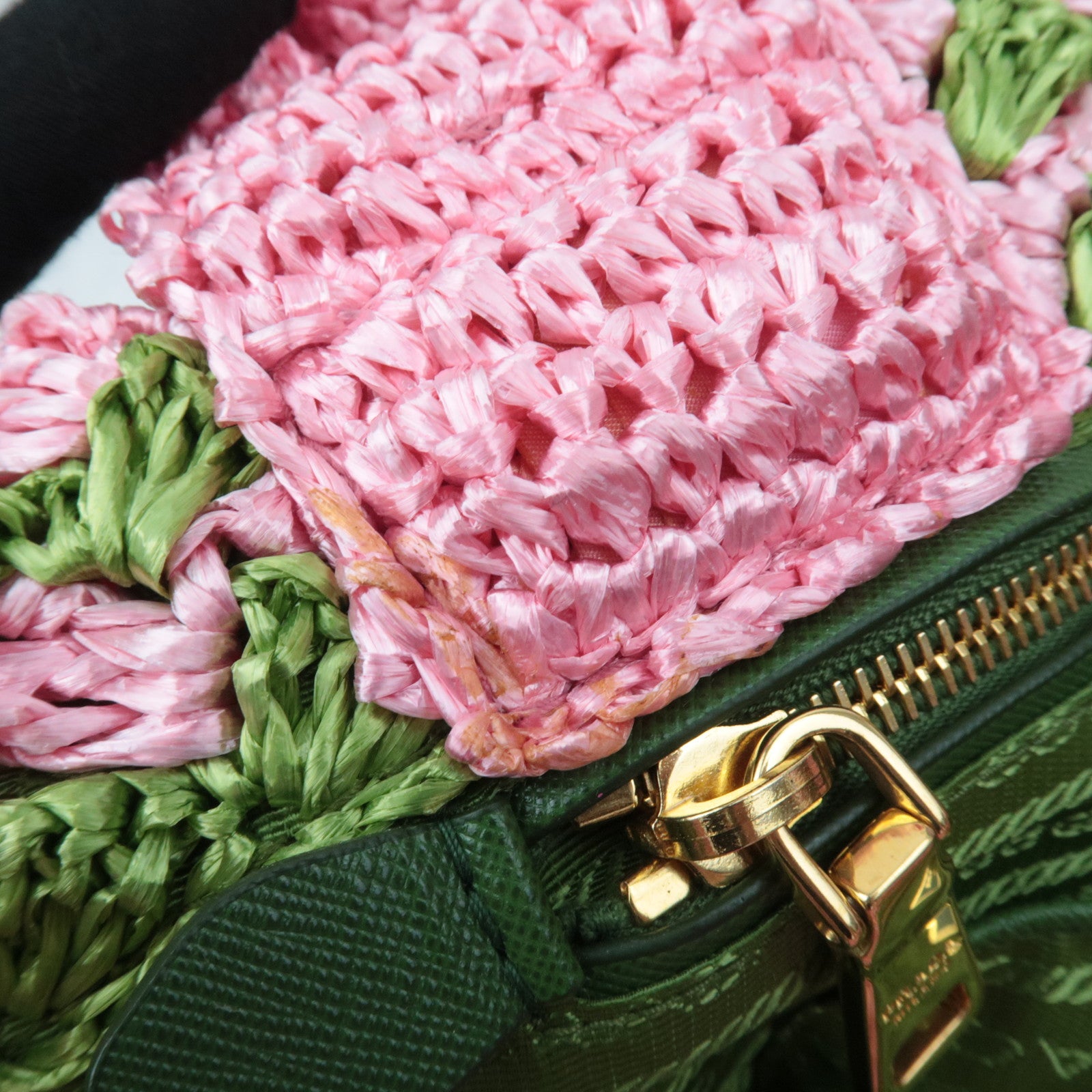 PRADA Canapa Raffia Crochet Tote Bag Pink Green BN2302
