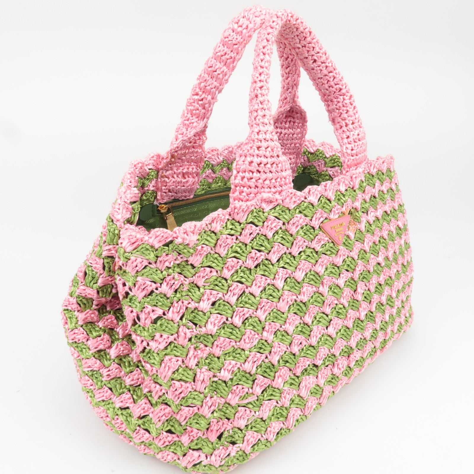 PRADA Canapa Raffia Crochet Tote Bag Pink Green BN2302