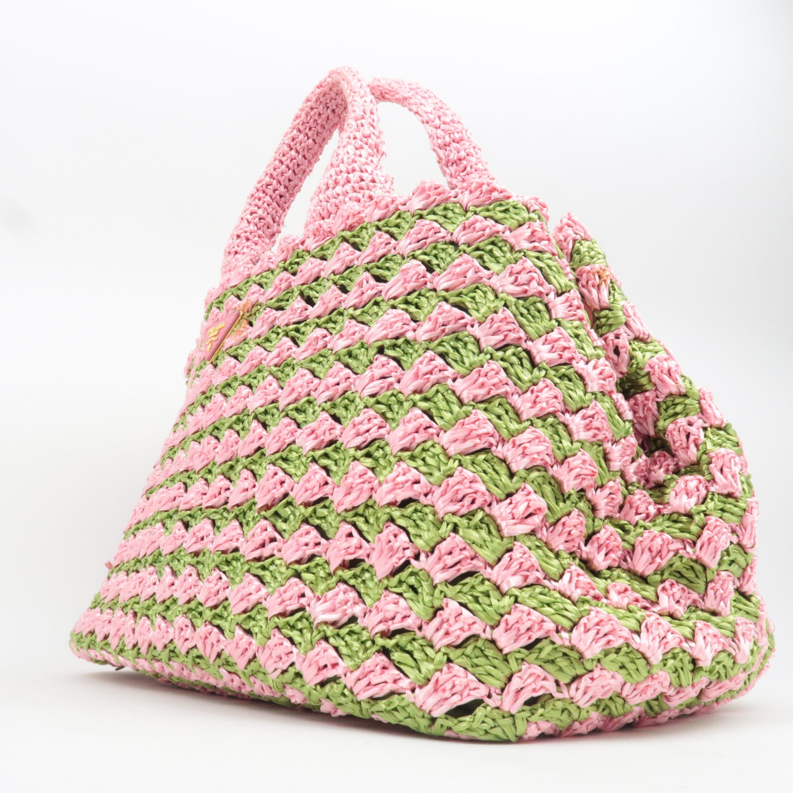 PRADA Canapa Raffia Crochet Tote Bag Pink Green BN2302