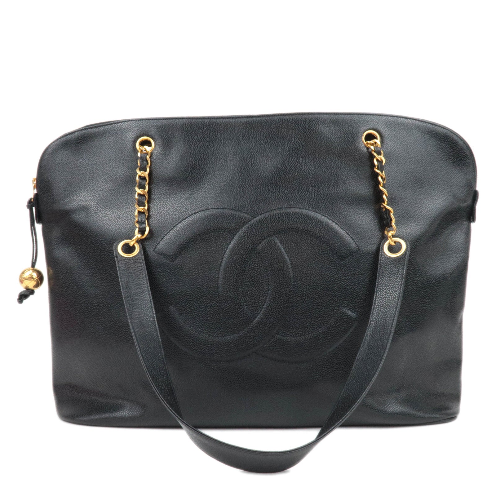 CHANEL Coco Mark Caviarskin Chain Tote Bag Black Gold HDW88315