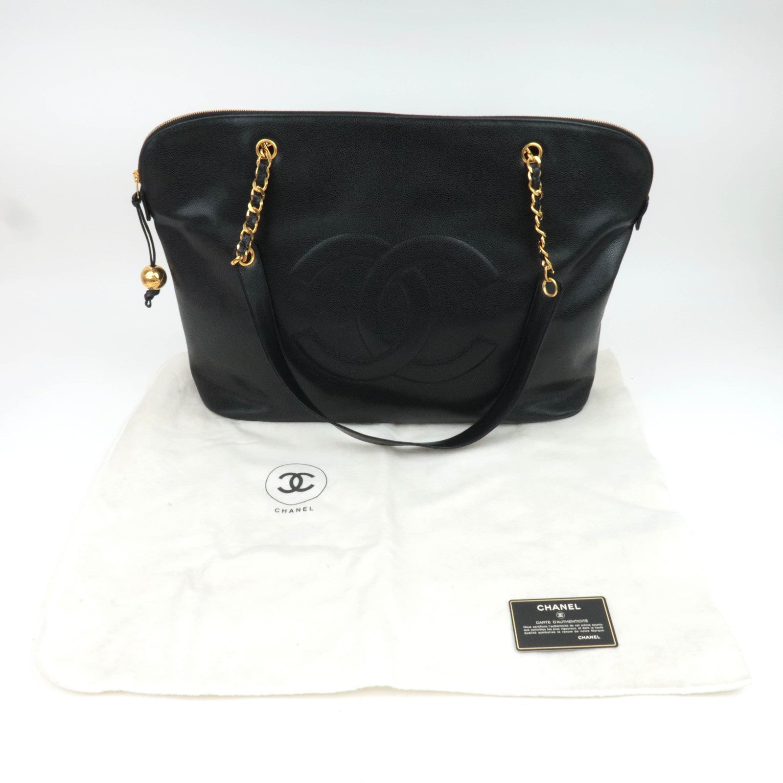 CHANEL Coco Mark Caviarskin Chain Tote Bag Black Gold HDW