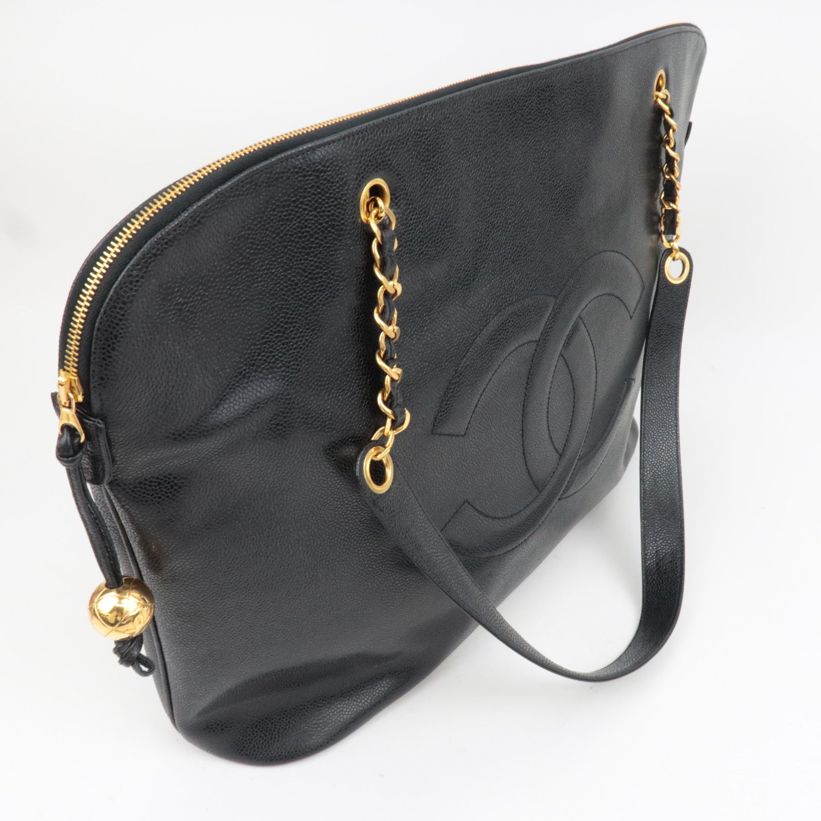 CHANEL Coco Mark Caviarskin Chain Tote Bag Black Gold HDW