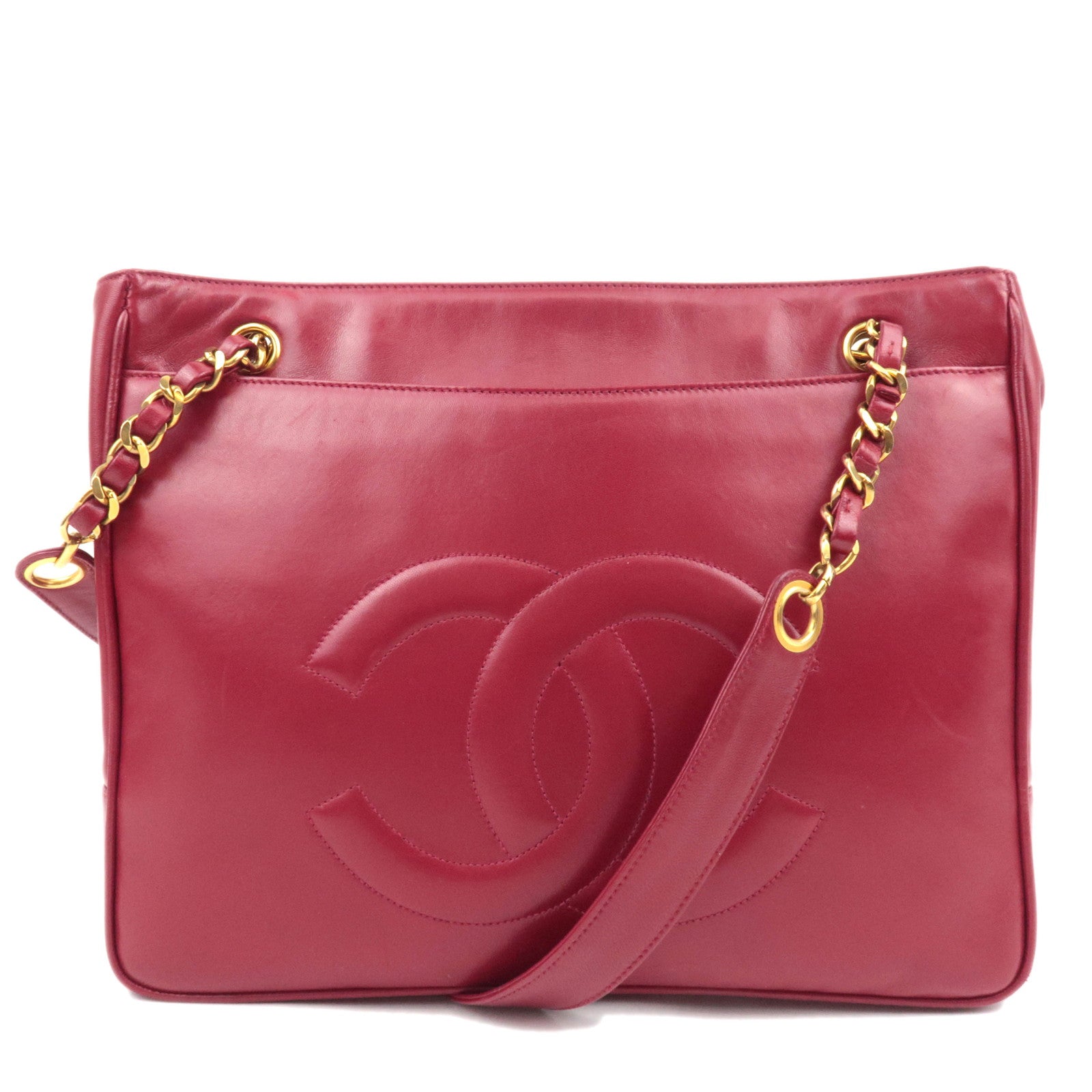 CHANEL Coco Mark Lambskin Chain Tote Bag Red Gold HDW88323