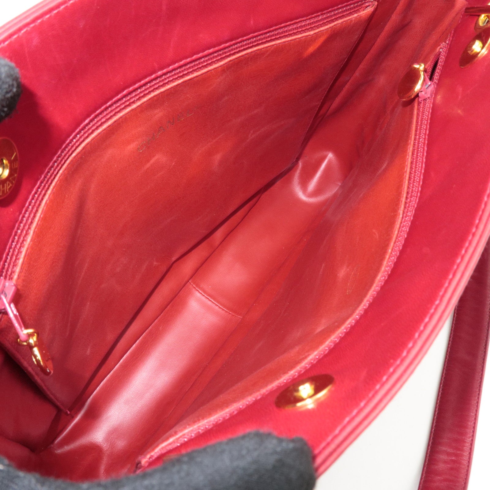 CHANEL Coco Mark Lambskin Chain Tote Bag Red Gold HDW