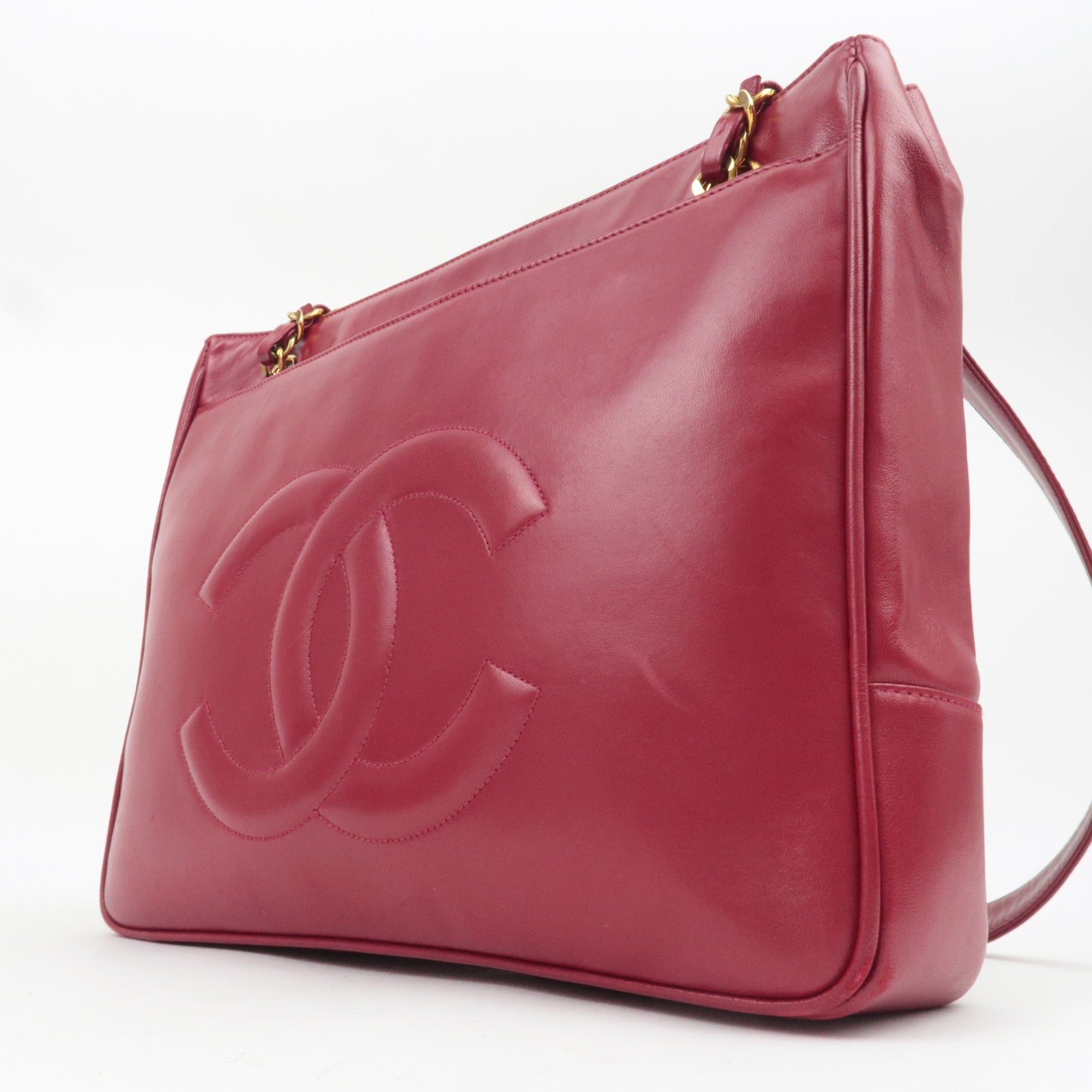 CHANEL Coco Mark Lambskin Chain Tote Bag Red Gold HDW