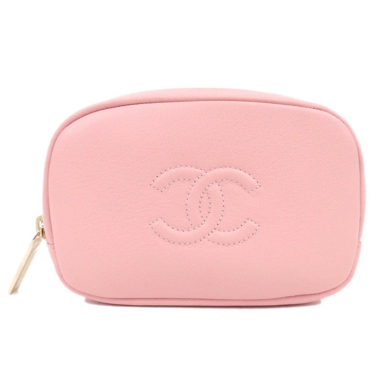 CHANEL Coco Mark Leather Cosmetic Pouch Pink Gold HDW88368