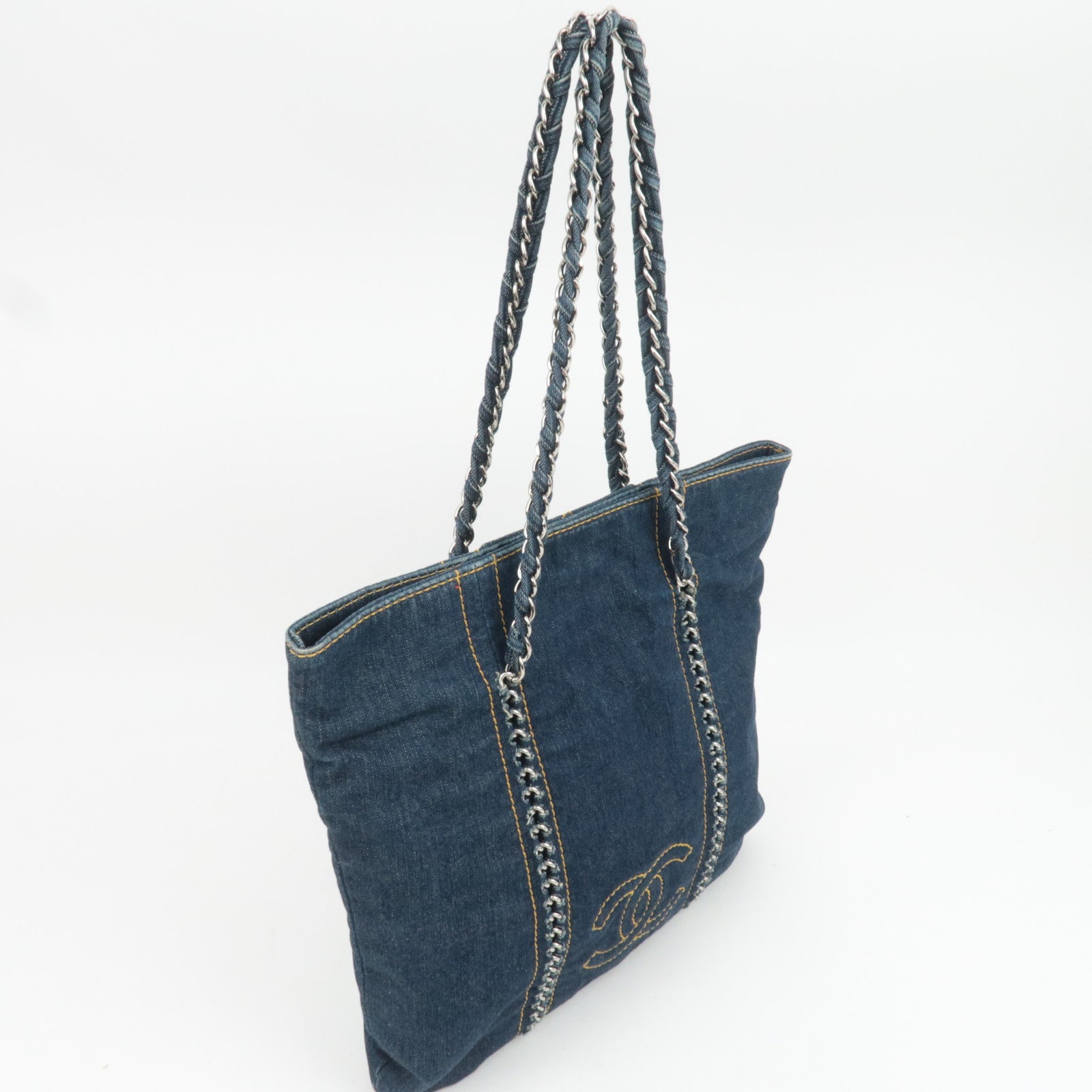 CHANEL Coco Mark Denim Chain Tote Bag Blue