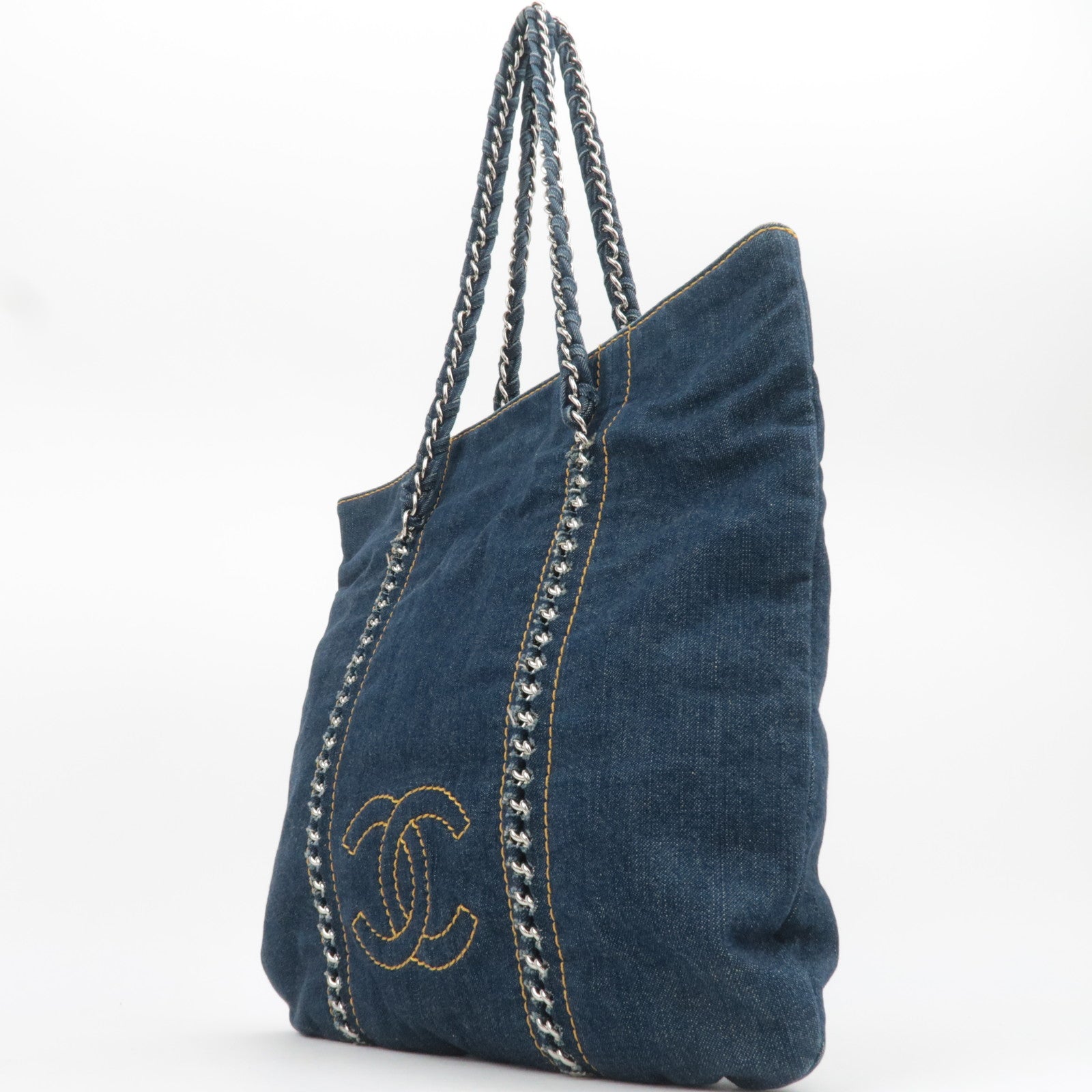 CHANEL Coco Mark Denim Chain Tote Bag Blue