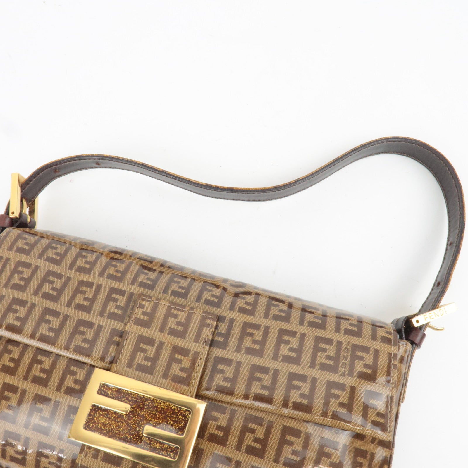 FENDI Zucchino Mamma Baguette Vinyl Leather Shoulder Bag Brown 26424