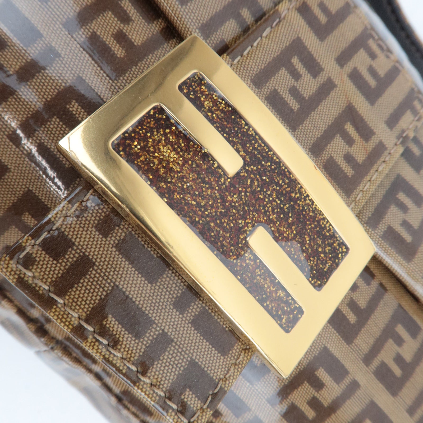 FENDI Zucchino Mamma Baguette Vinyl Leather Shoulder Bag Brown 26424