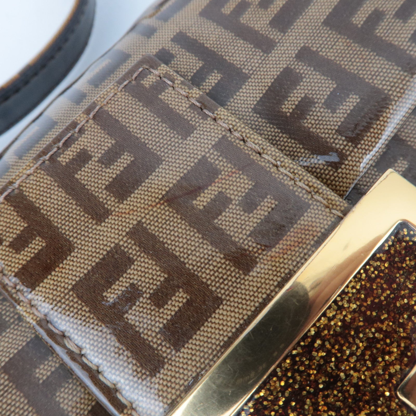 FENDI Zucchino Mamma Baguette Vinyl Leather Shoulder Bag Brown 26424