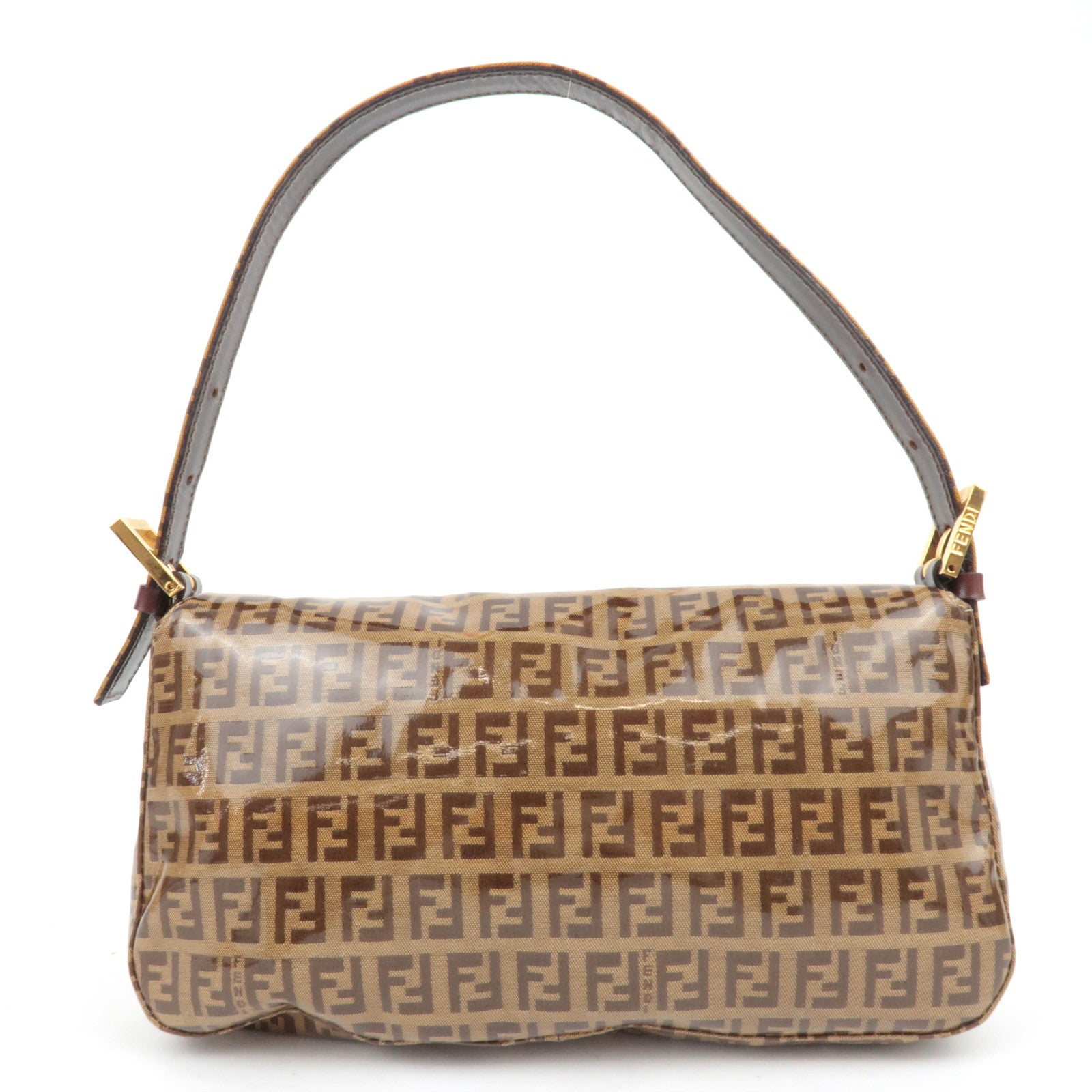 FENDI Zucchino Mamma Baguette Vinyl Leather Shoulder Bag Brown 26424