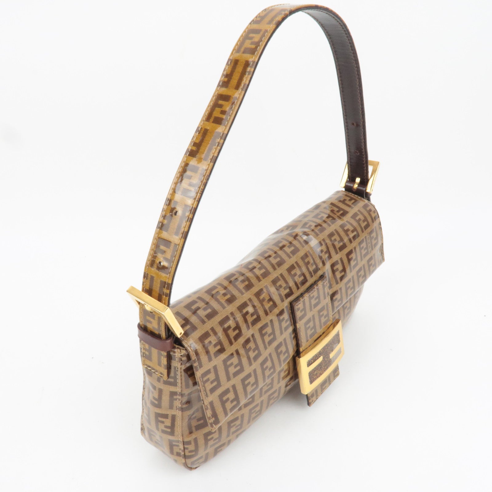 FENDI Zucchino Mamma Baguette Vinyl Leather Shoulder Bag Brown 26424
