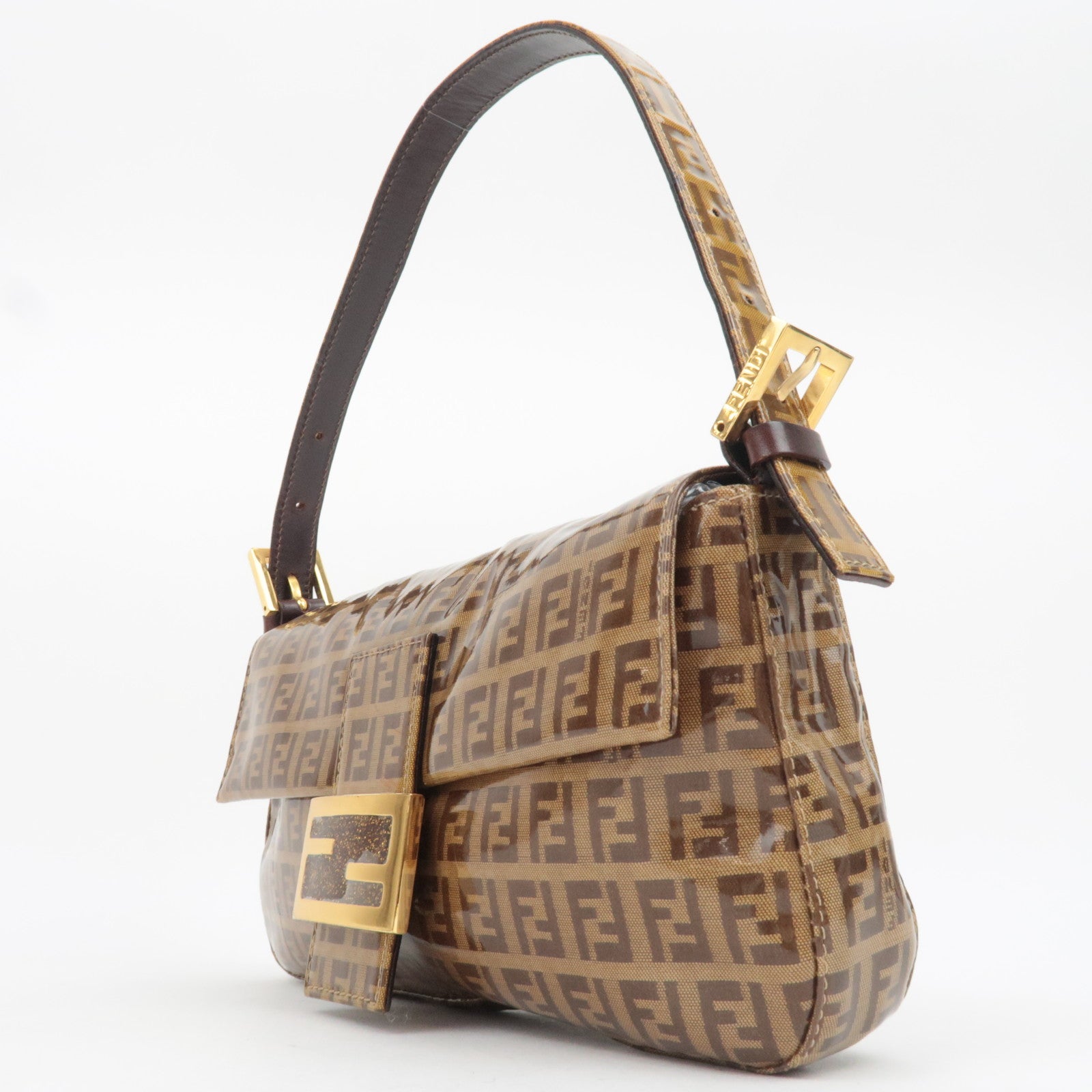 FENDI Zucchino Mamma Baguette Vinyl Leather Shoulder Bag Brown 26424