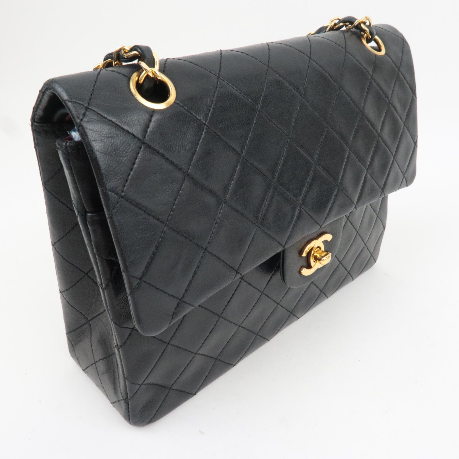 CHANEL Matelasse 25 Double Flap Lambskin Chain Shoulder Bag Black