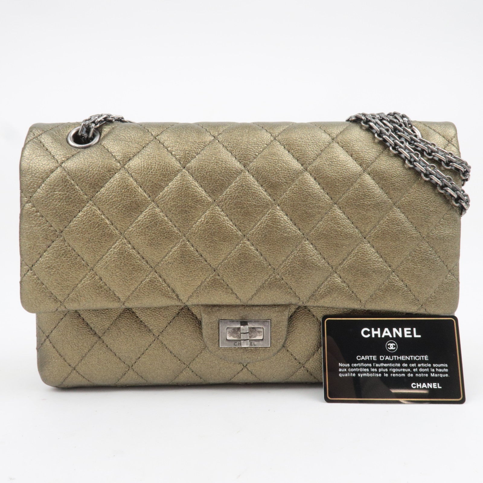 CHANEL 2.55 Matelasse Double Flap Caviarskin Chain Shoulder Bag Khaki