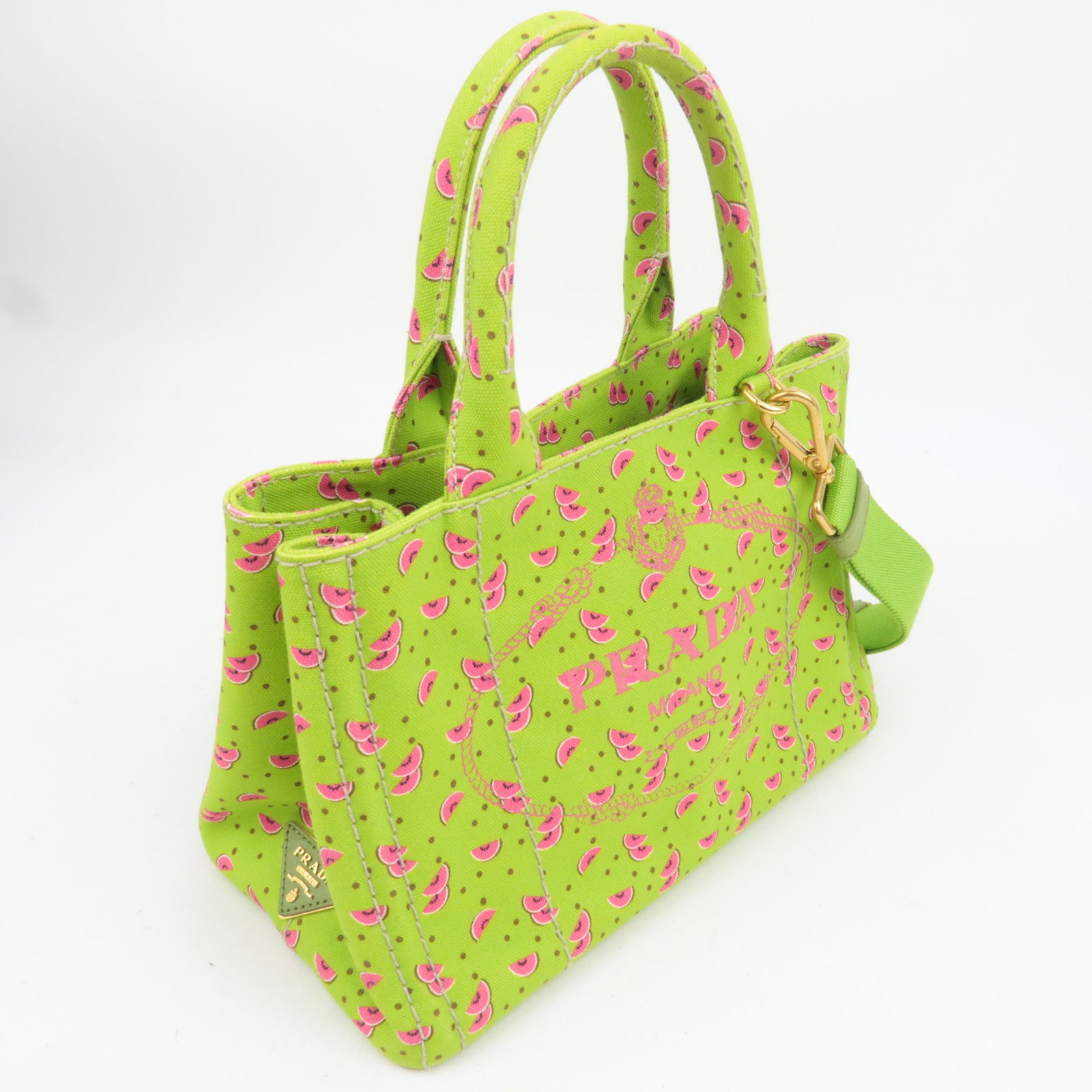 PRADA Canapa Mini 2Way Canvas Tote Bag Watermelon Print Light Green 1BG439