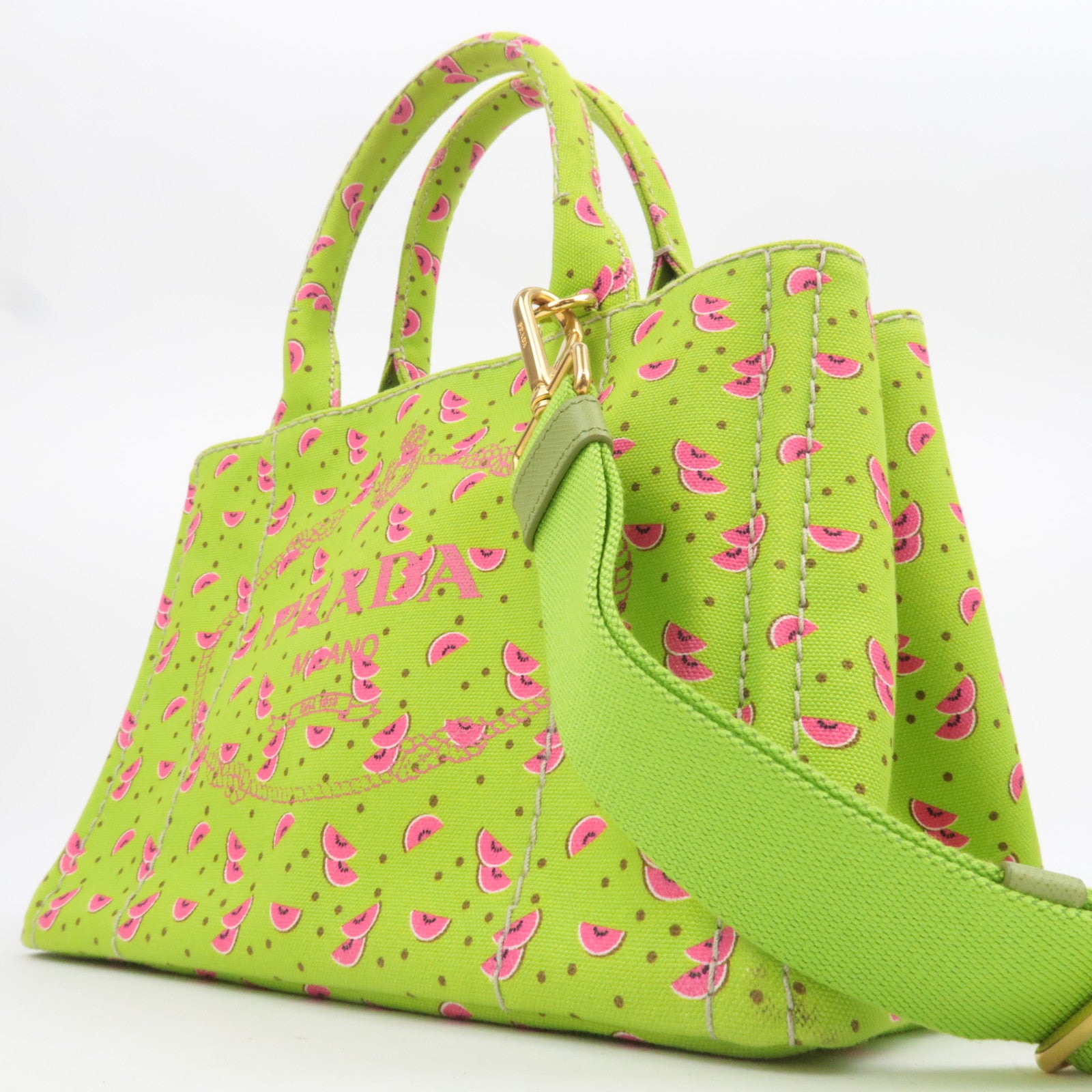 PRADA Canapa Mini 2Way Canvas Tote Bag Watermelon Print Light Green 1BG439