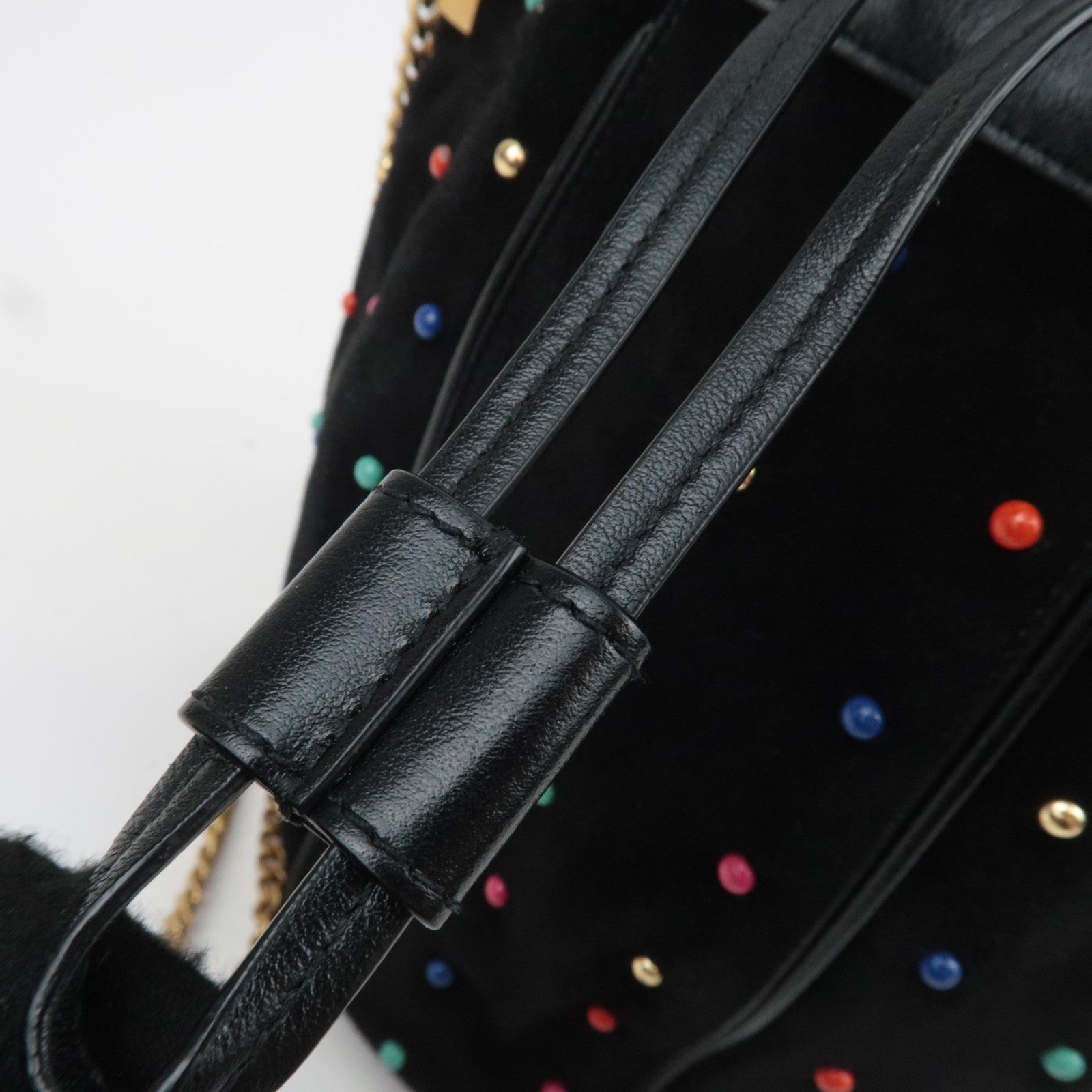 SAINT LAURENT Beaded Bucket Suede Chain Shoulder Bag Black 565205