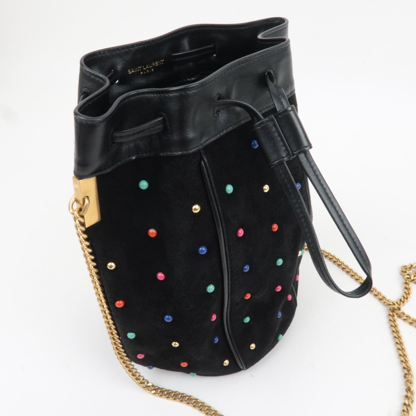 SAINT LAURENT Beaded Bucket Suede Chain Shoulder Bag Black 565205
