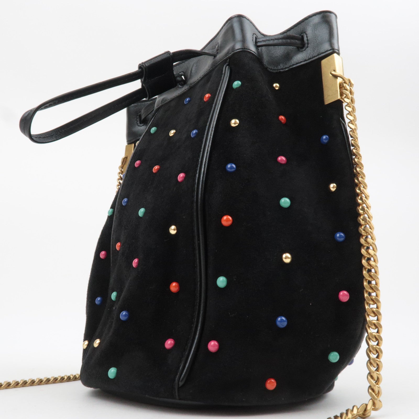 SAINT LAURENT Beaded Bucket Suede Chain Shoulder Bag Black 565205
