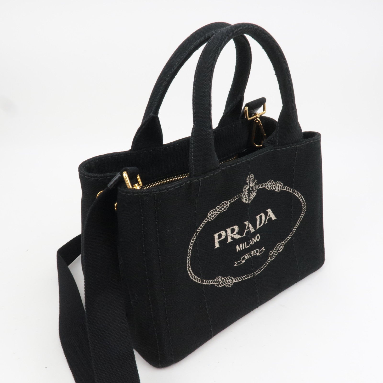 PRADA Canapa Mini 2Way Canvas Tote Bag Black 1BG439