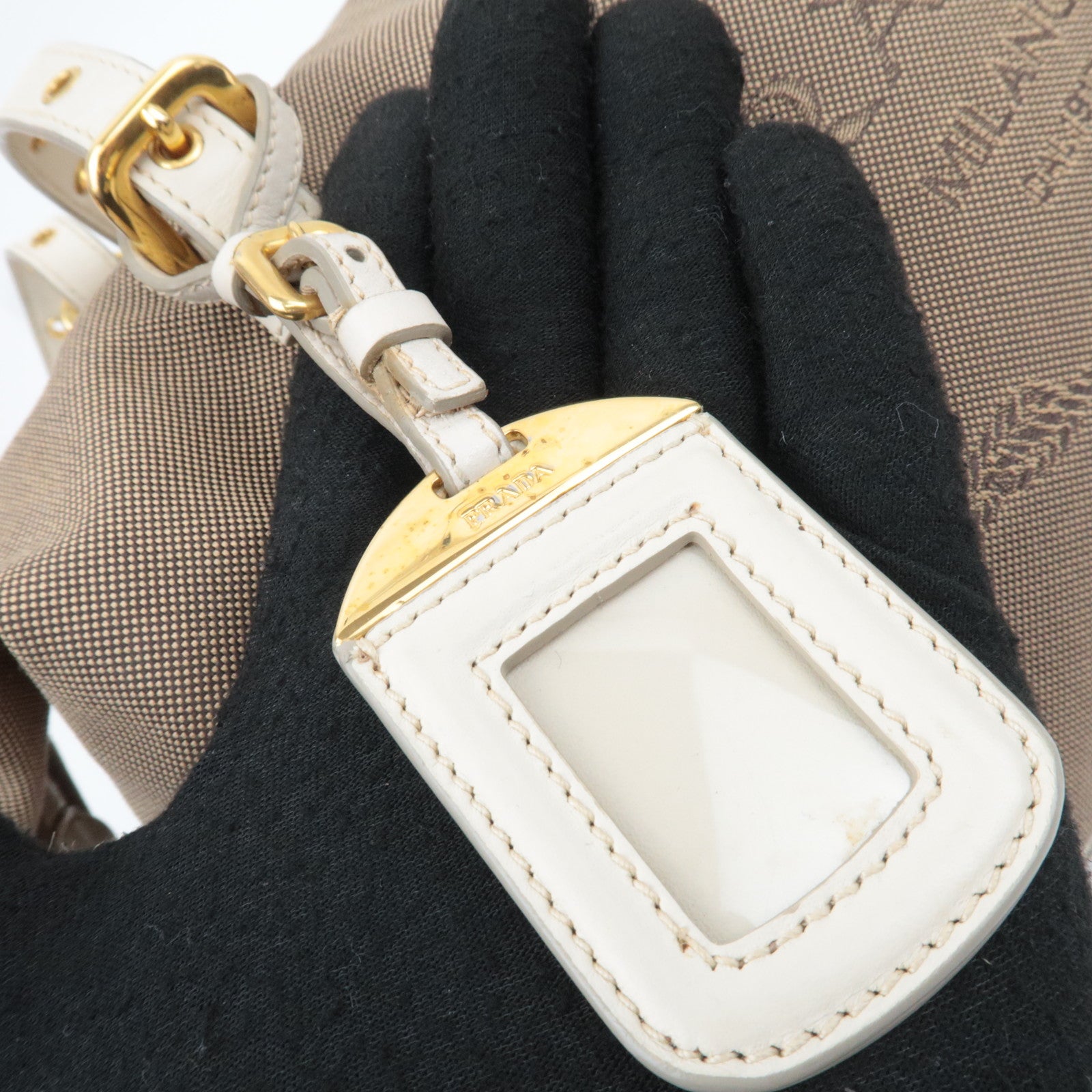 PRADA Logo Jacquard Shoulder Bag Beige