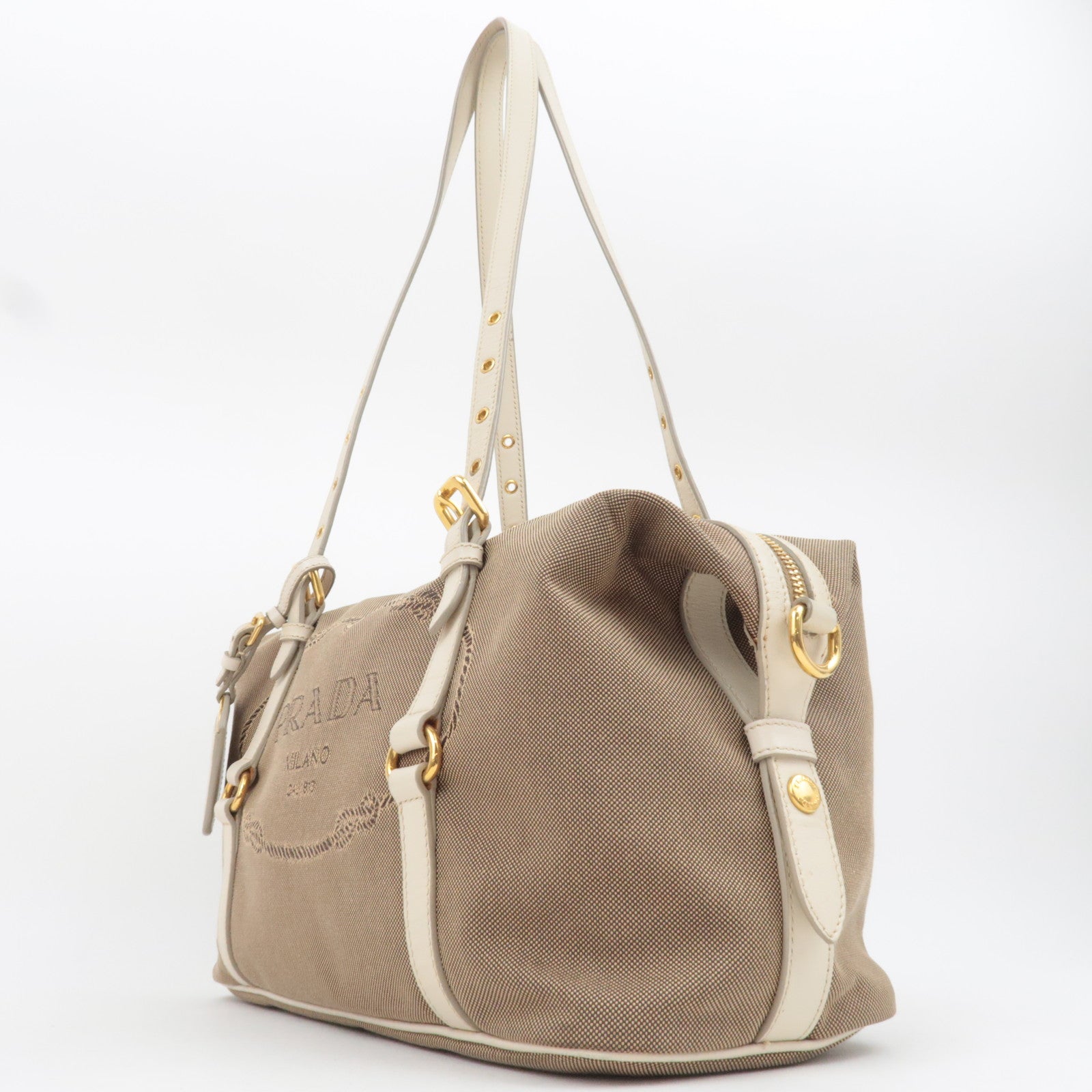 PRADA Logo Jacquard Shoulder Bag Beige