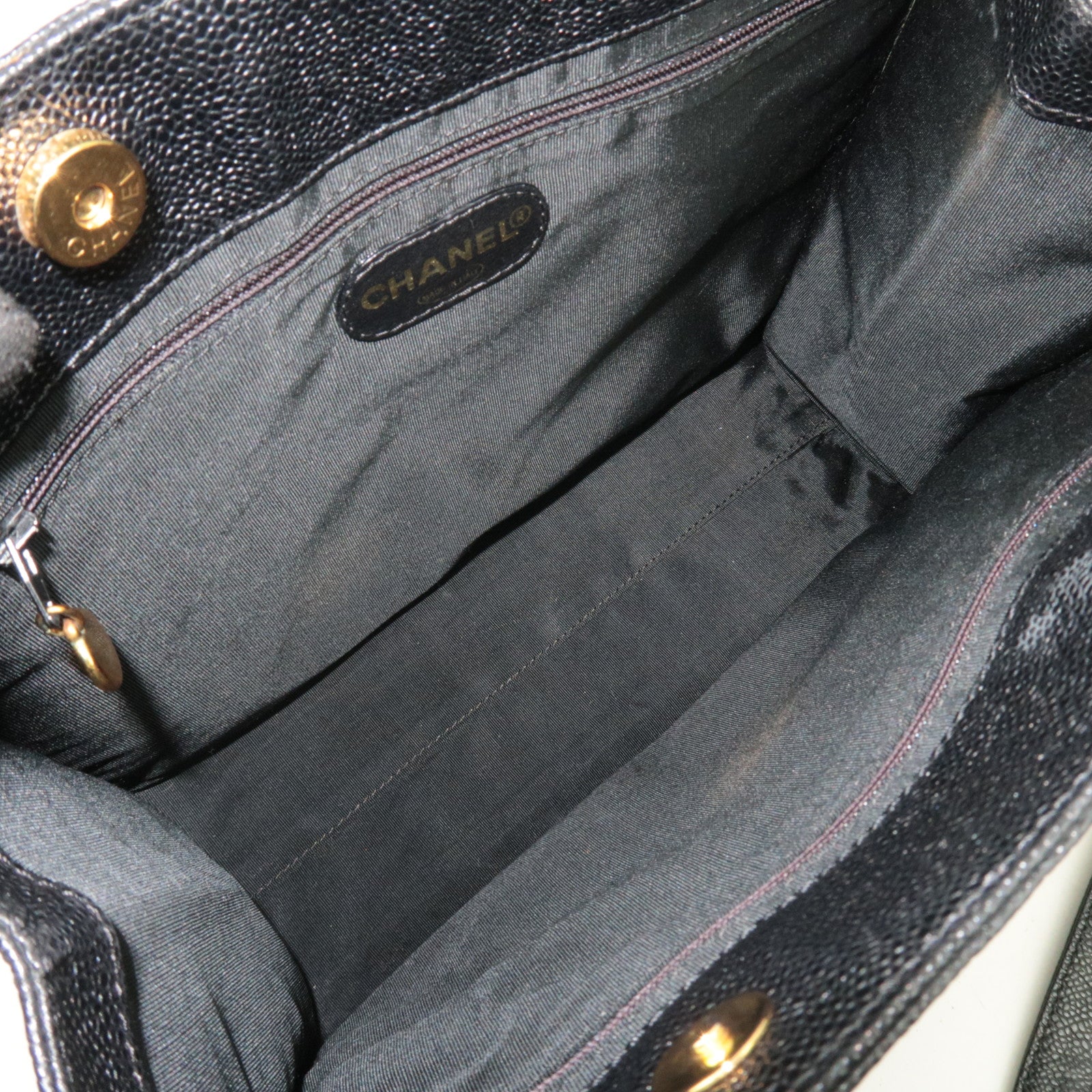 CHANEL Logo Caviarskin Tote Bag Black