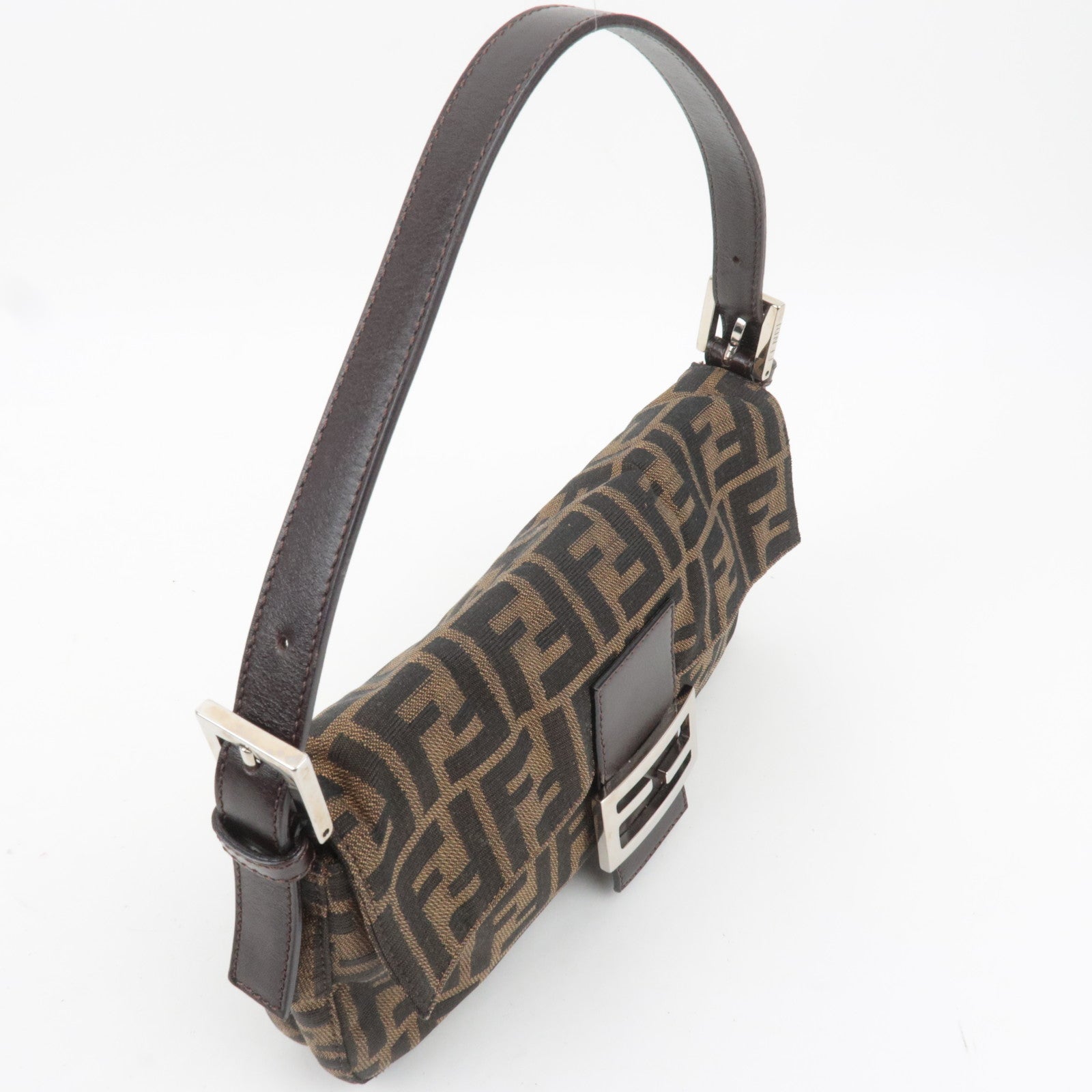 FENDI Zucca Mamma Baguette Canvas Leather Shoulder Bag Brown 26424