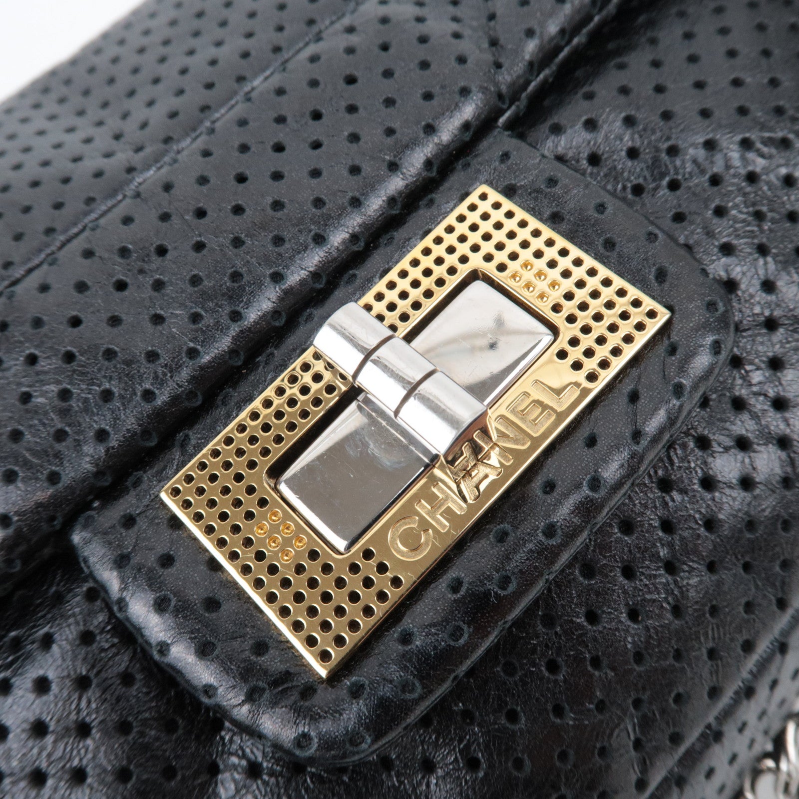 CHANEL 2.55 Perforated Leather Chain Shoulder Bag Black