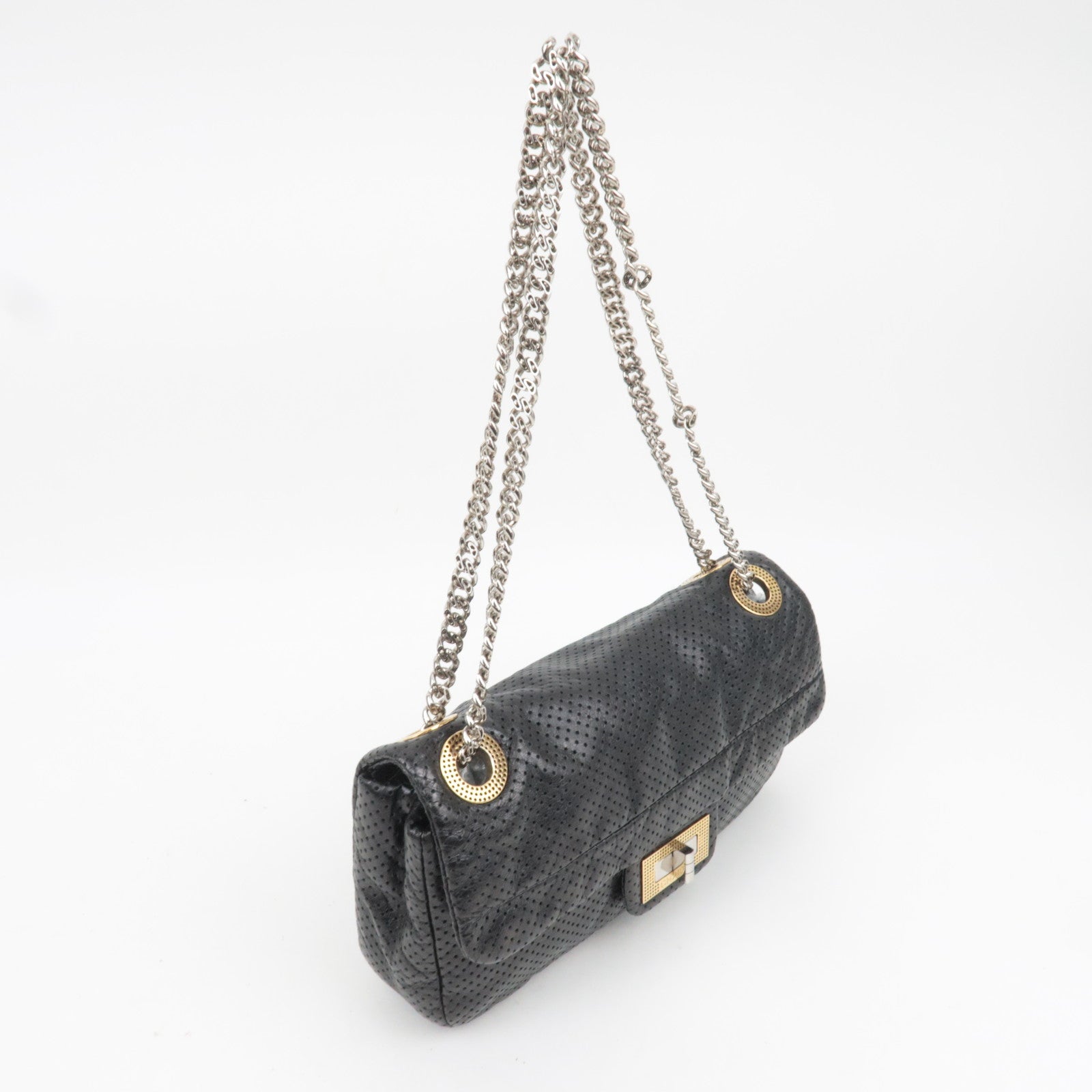 CHANEL 2.55 Perforated Leather Chain Shoulder Bag Black