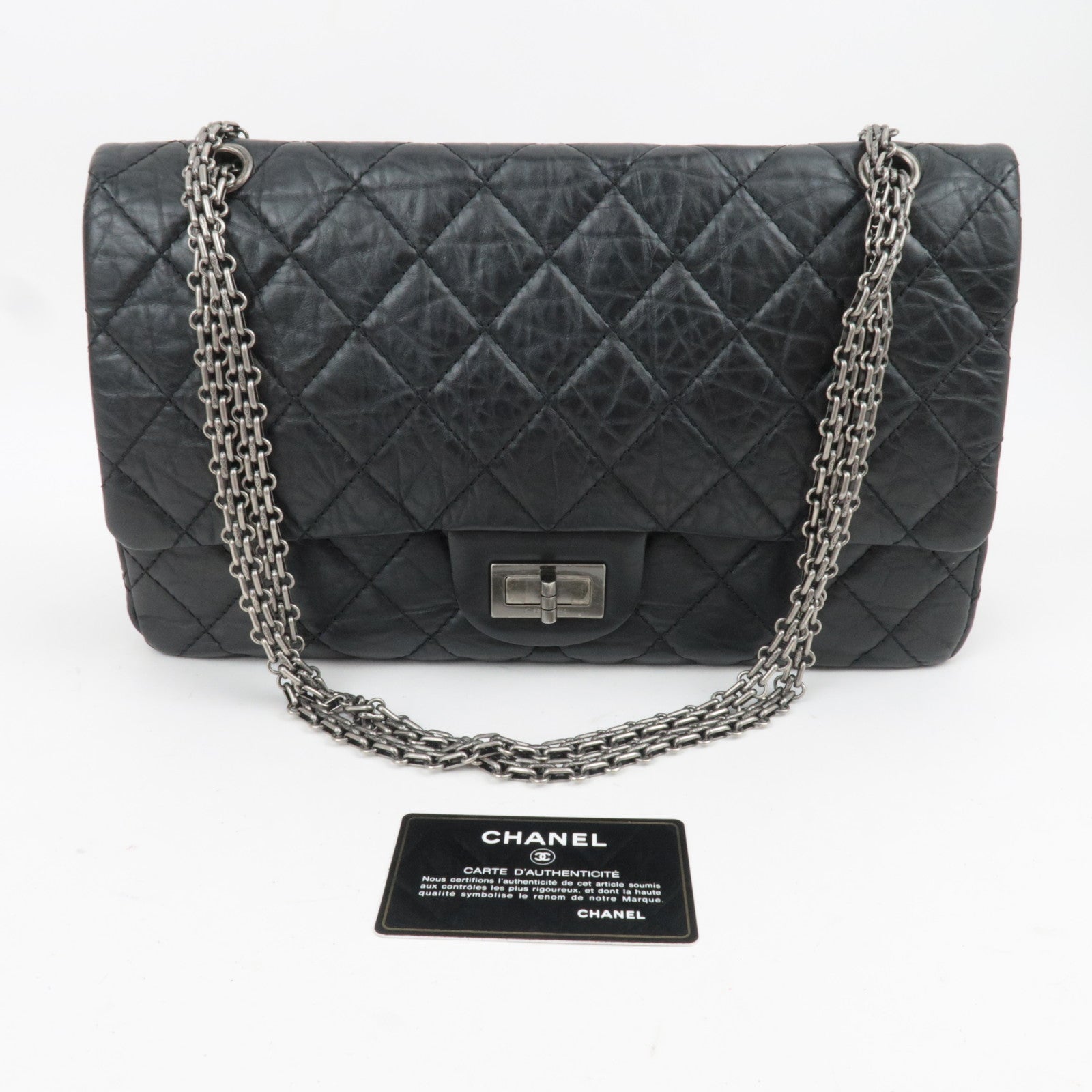 CHANEL 2.55 Matelasse Double Flap Aged Calfskin Chain Shoulder Bag Black