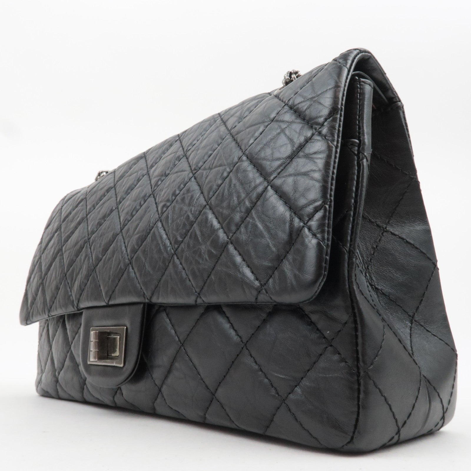 CHANEL 2.55 Matelasse Double Flap Aged Calfskin Chain Shoulder Bag Black