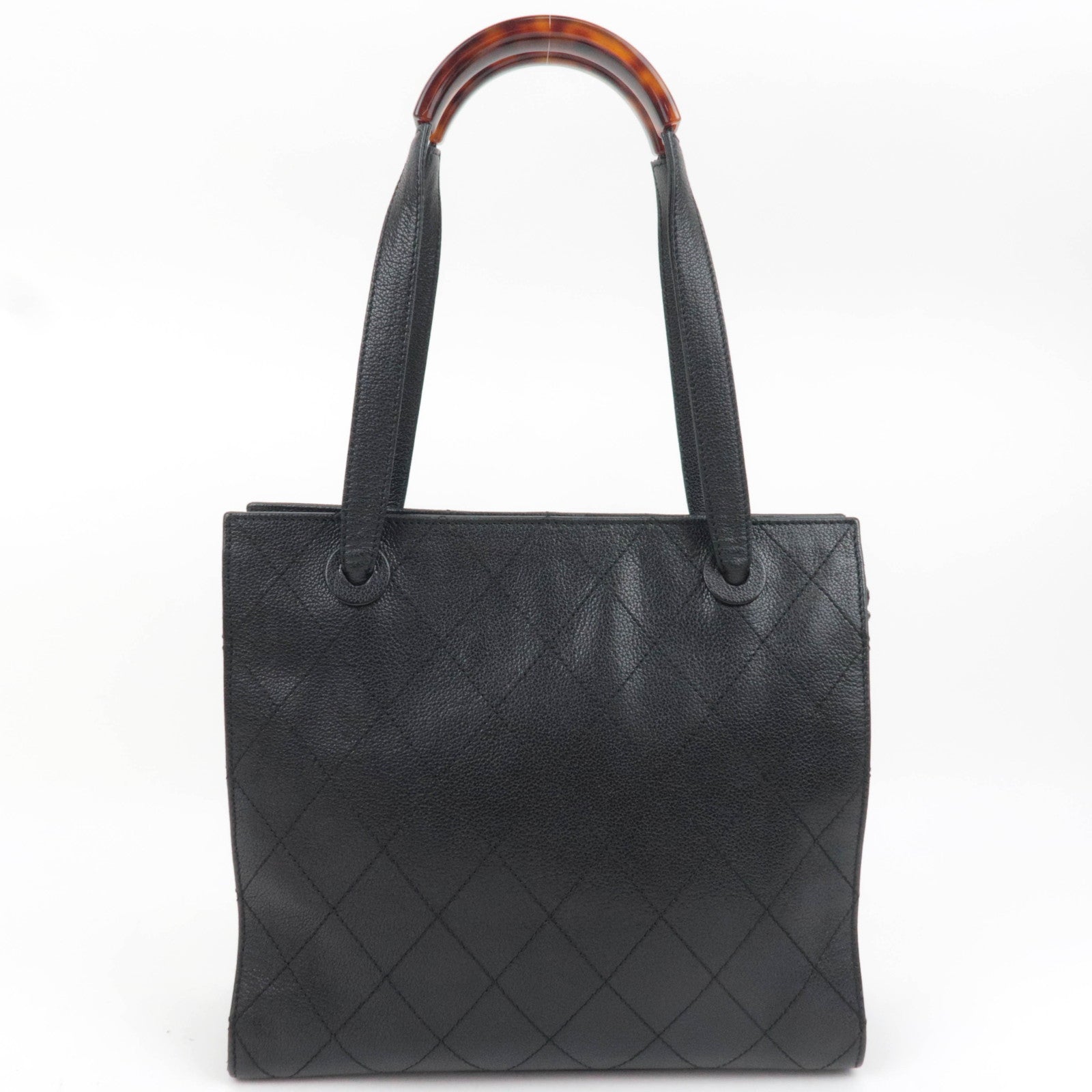CHANEL Bicolore Tortoiseshell Handle Leather Tote Bag Black