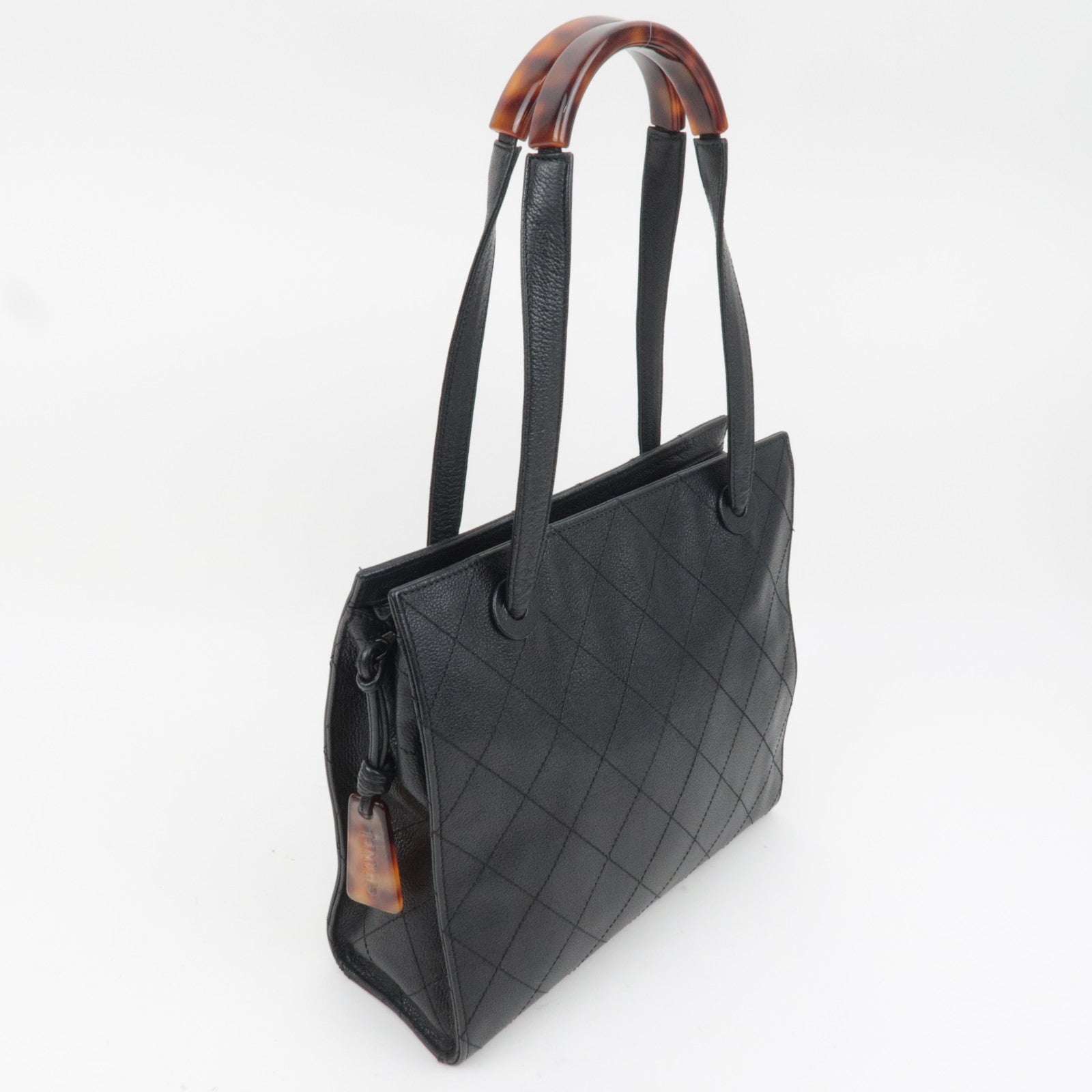 CHANEL Bicolore Tortoiseshell Handle Leather Tote Bag Black