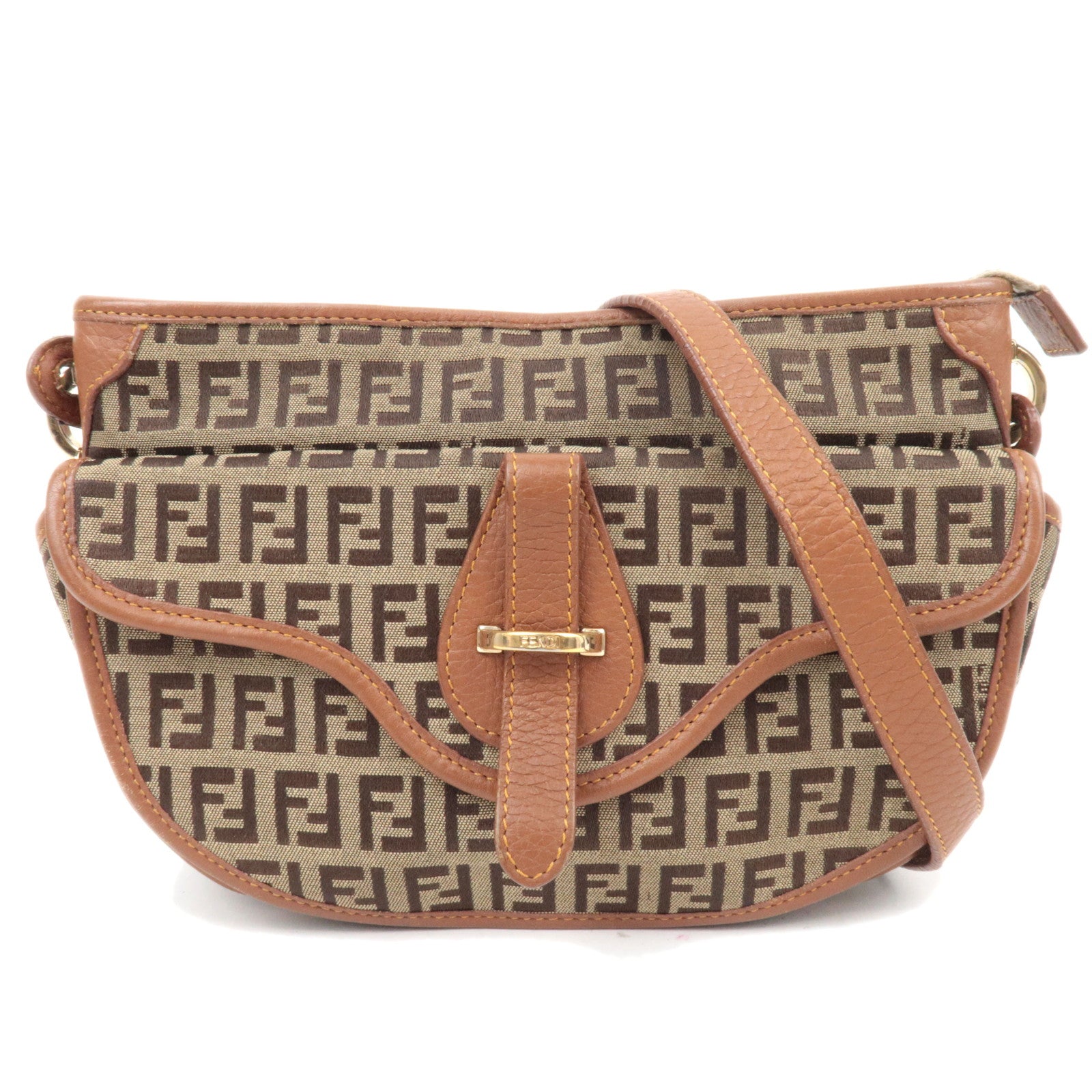 FENDI Zucchino Canvas Leather Shoulder Bag Brown 8BT08888615