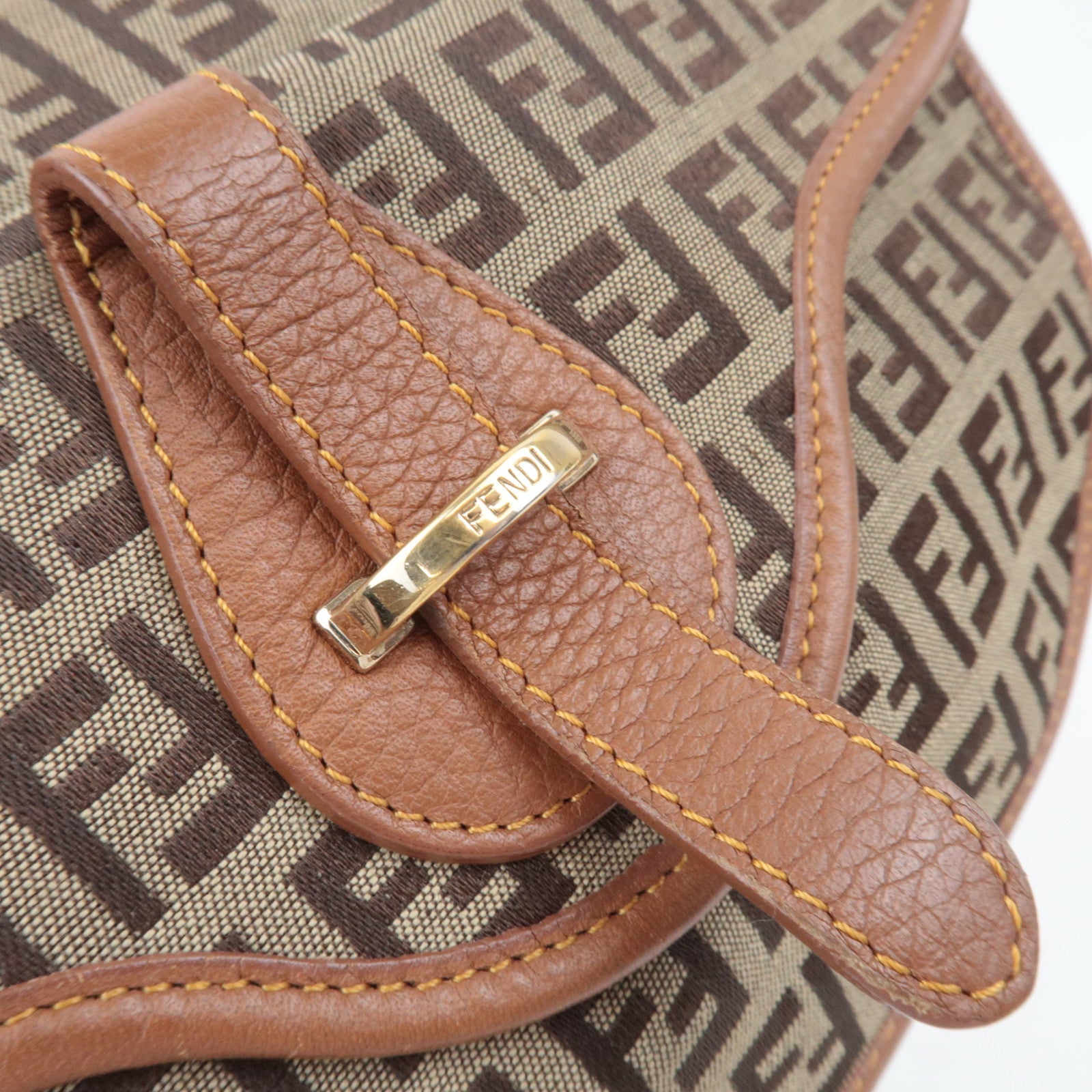 FENDI Zucchino Canvas Leather Shoulder Bag Brown 8BT088