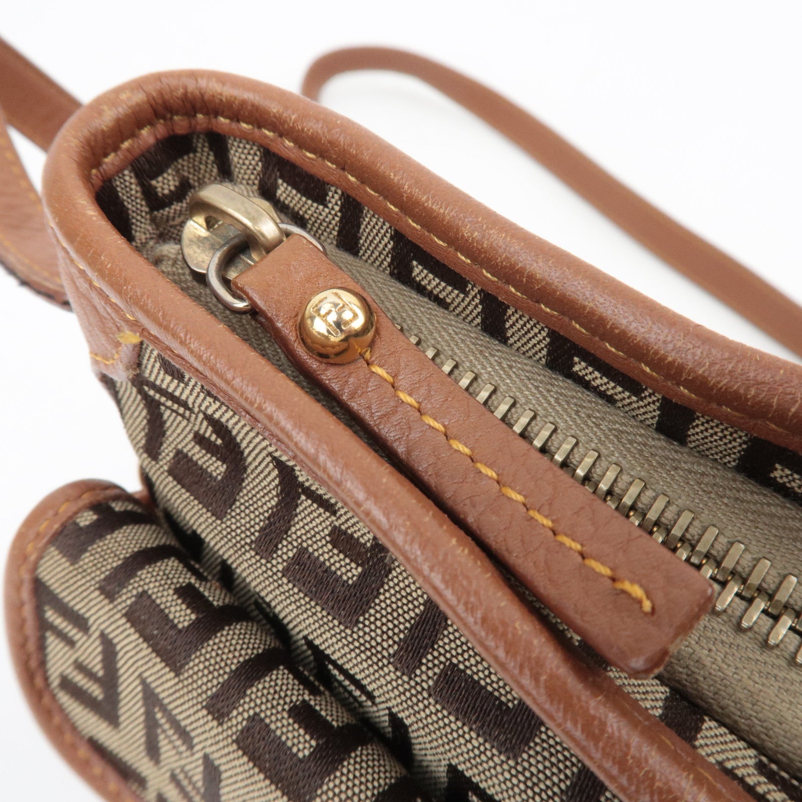 FENDI Zucchino Canvas Leather Shoulder Bag Brown 8BT088