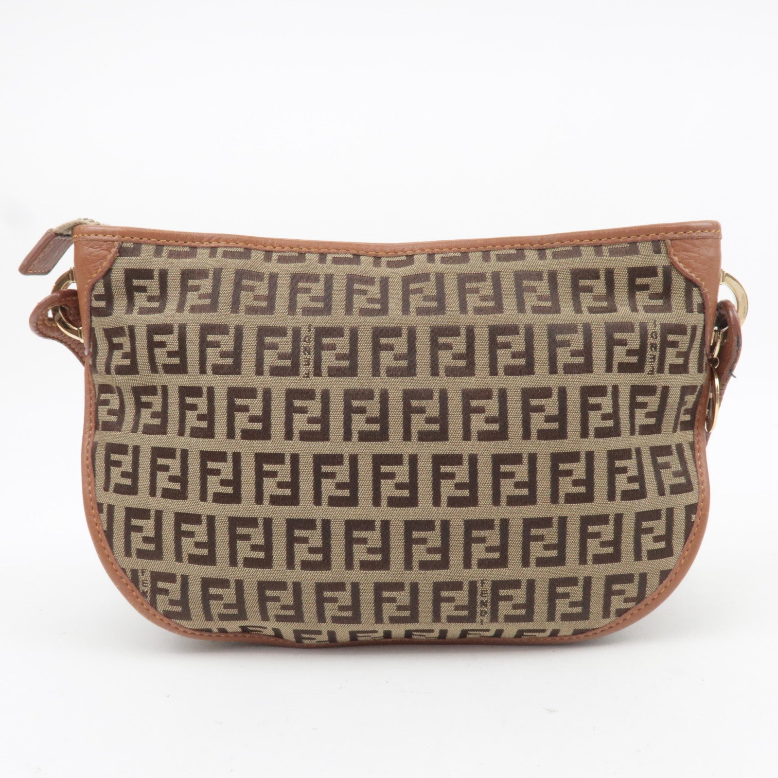 FENDI Zucchino Canvas Leather Shoulder Bag Brown 8BT088