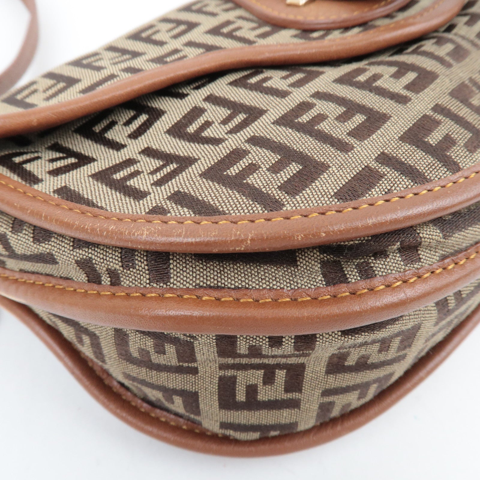 FENDI Zucchino Canvas Leather Shoulder Bag Brown 8BT088